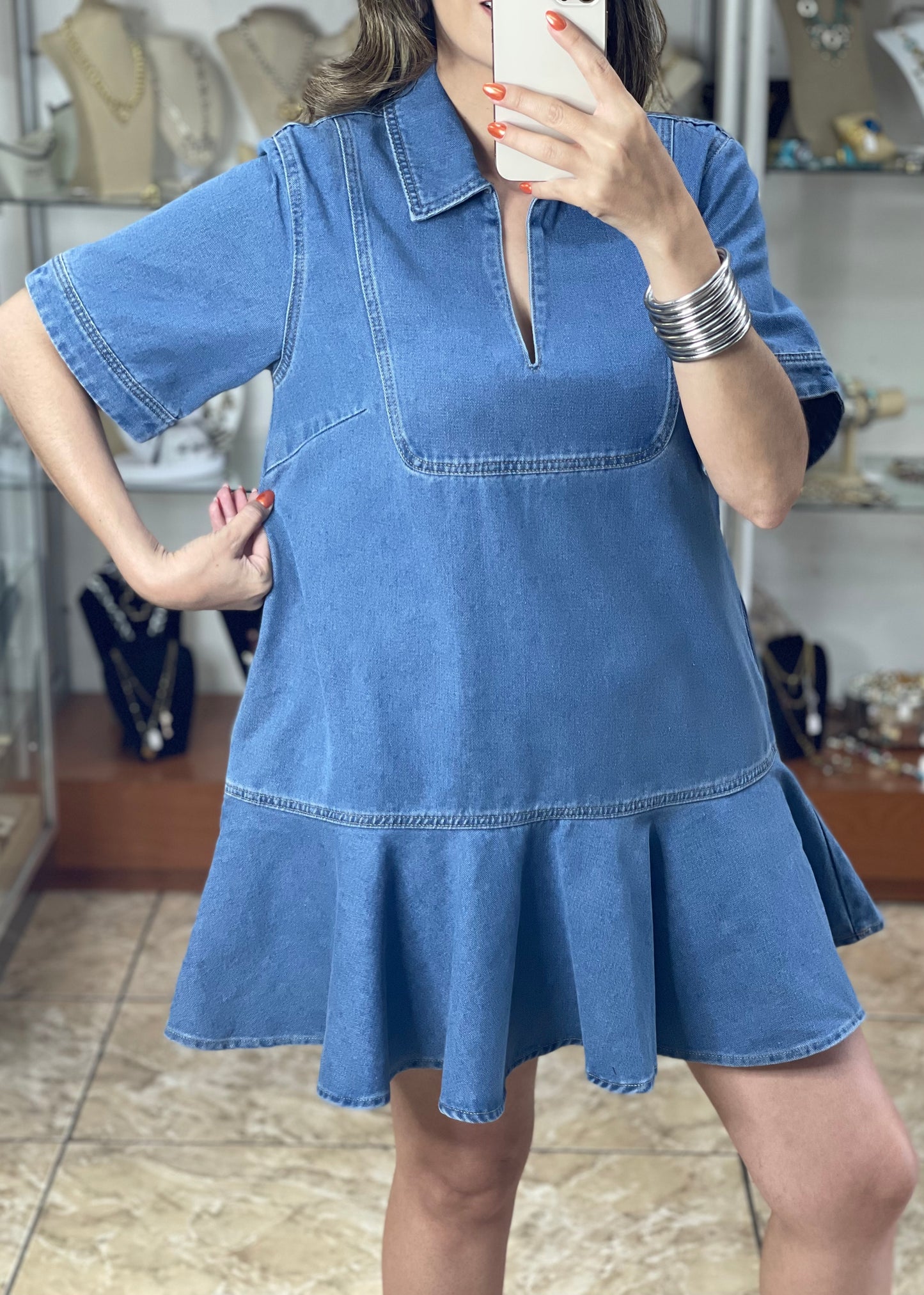 Ruffle Hem Denim Mini Dress