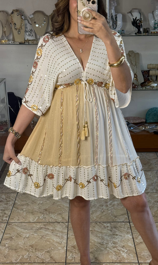 Sequins Floral Embroidered OS Boho Short Dress (NO RETURNS OR EXCHANGE)