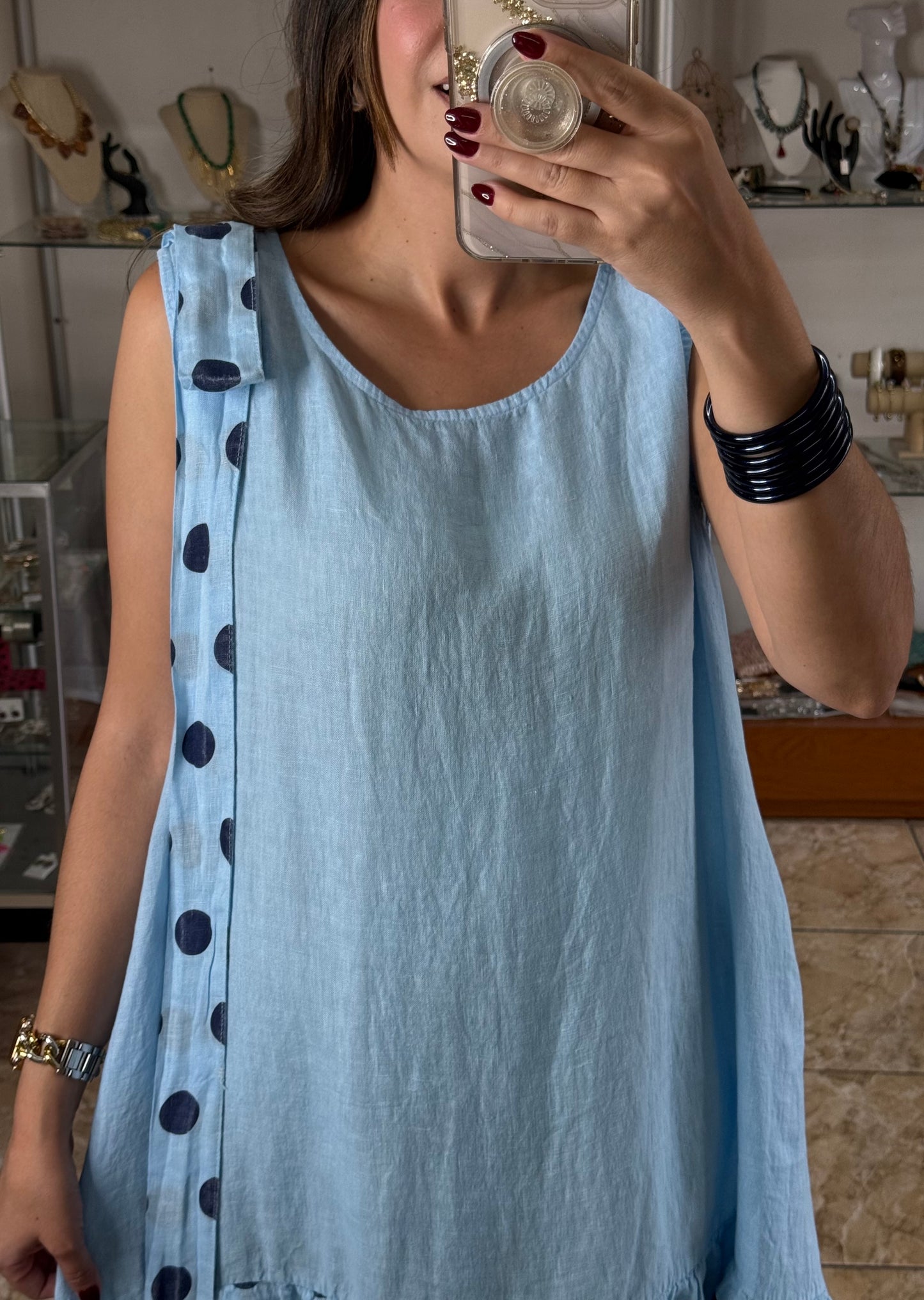 Navy Polkadots OS Linen Short Dress (NO RETURNS OR EXCHANGE)