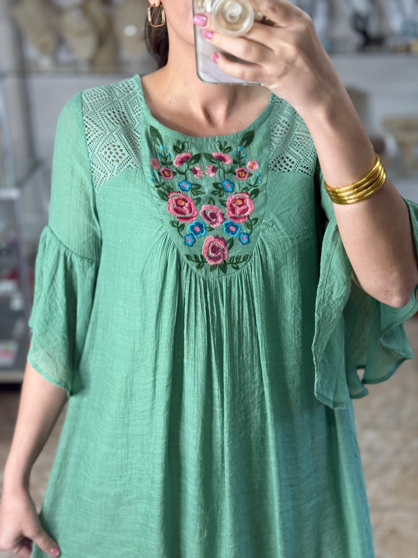 Sage Floral Embroidered Dress (FINAL SALE)