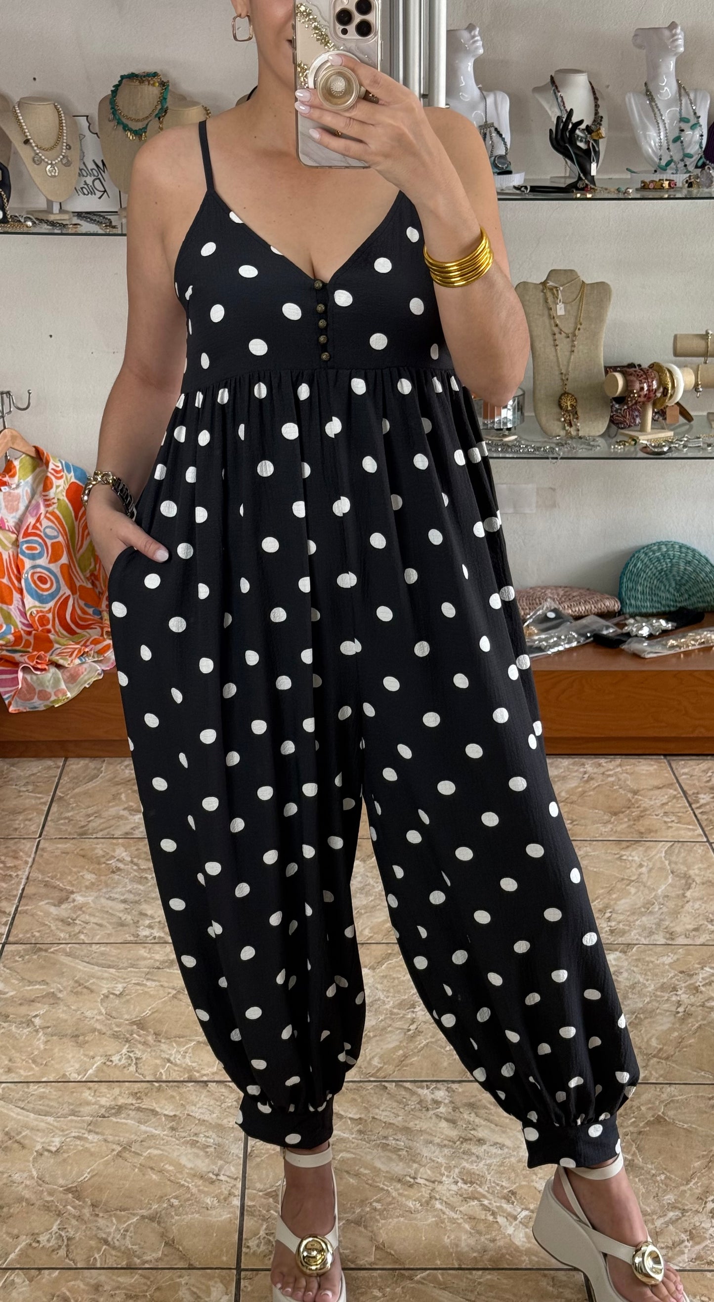 Black Polkadots Harem Jumpsuit