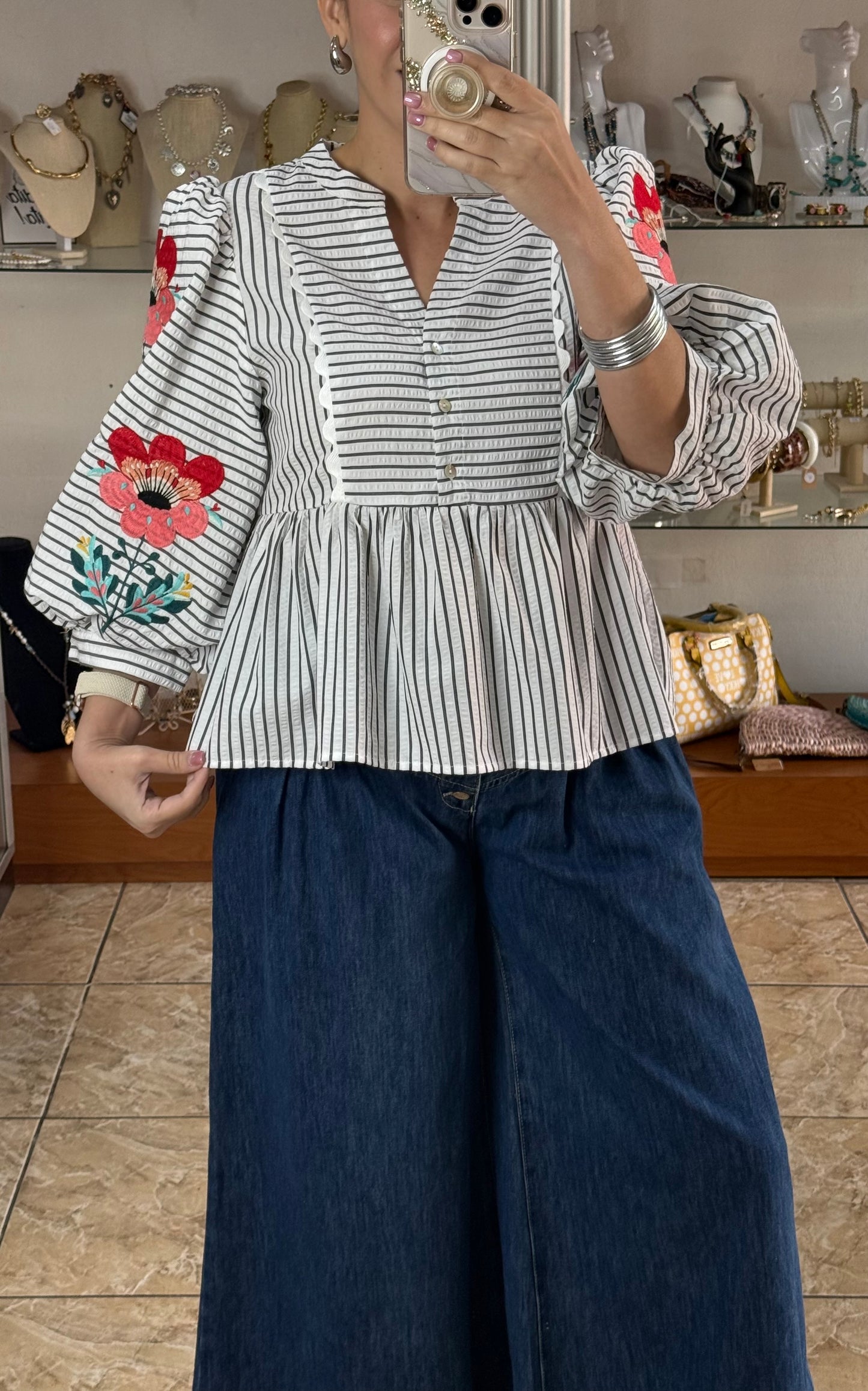 Stripes and Flowers Peplum Top