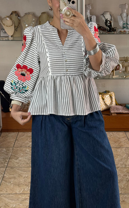 Stripes and Flowers Peplum Top