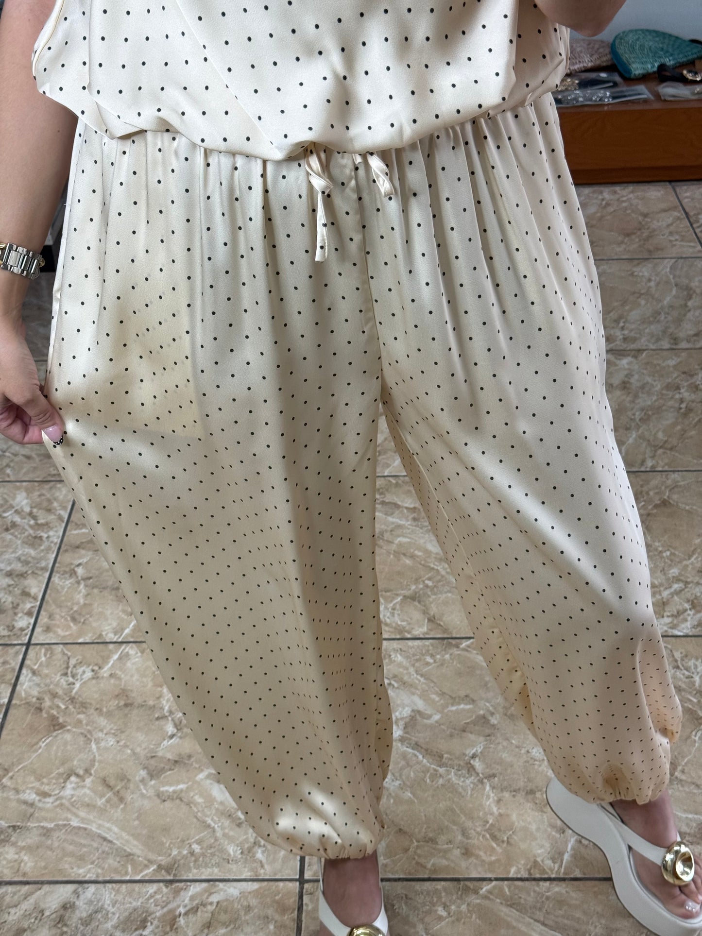 Ecru Polkadot Satin Top & Pant Set