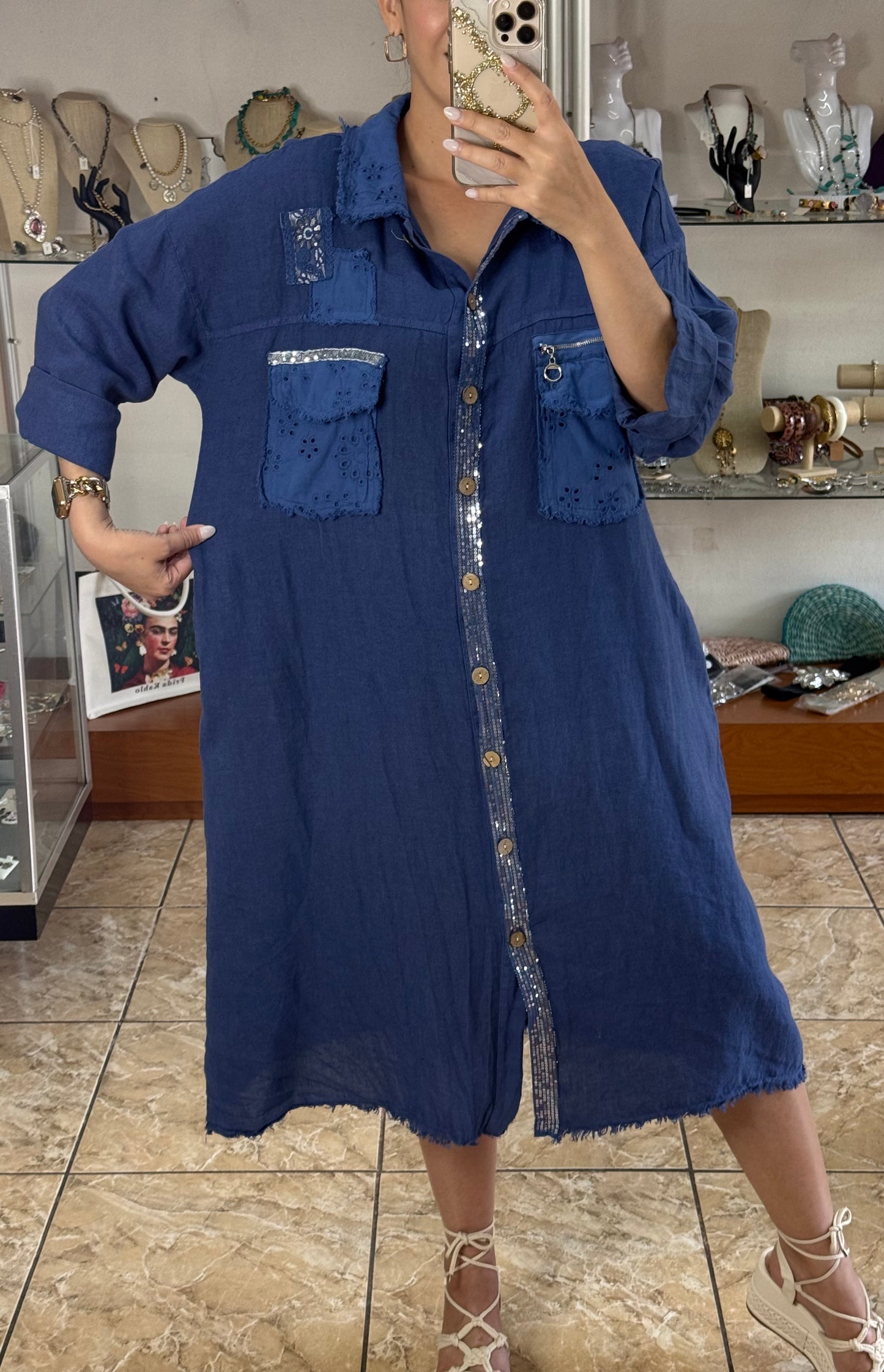 Long Sleeves OS Linen Midi Dress (NO RETURNS OR EXCHANGE)