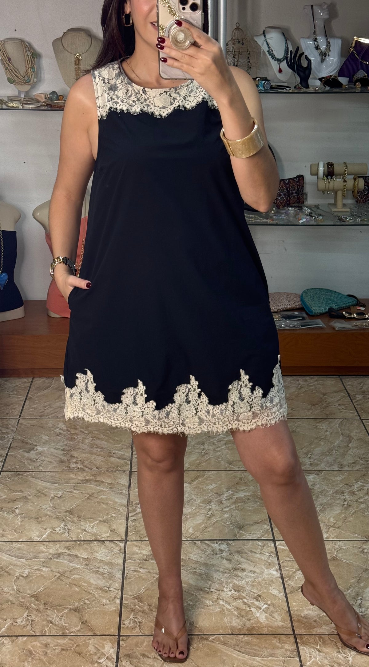 Sleeveless Black Dress with Lace Details