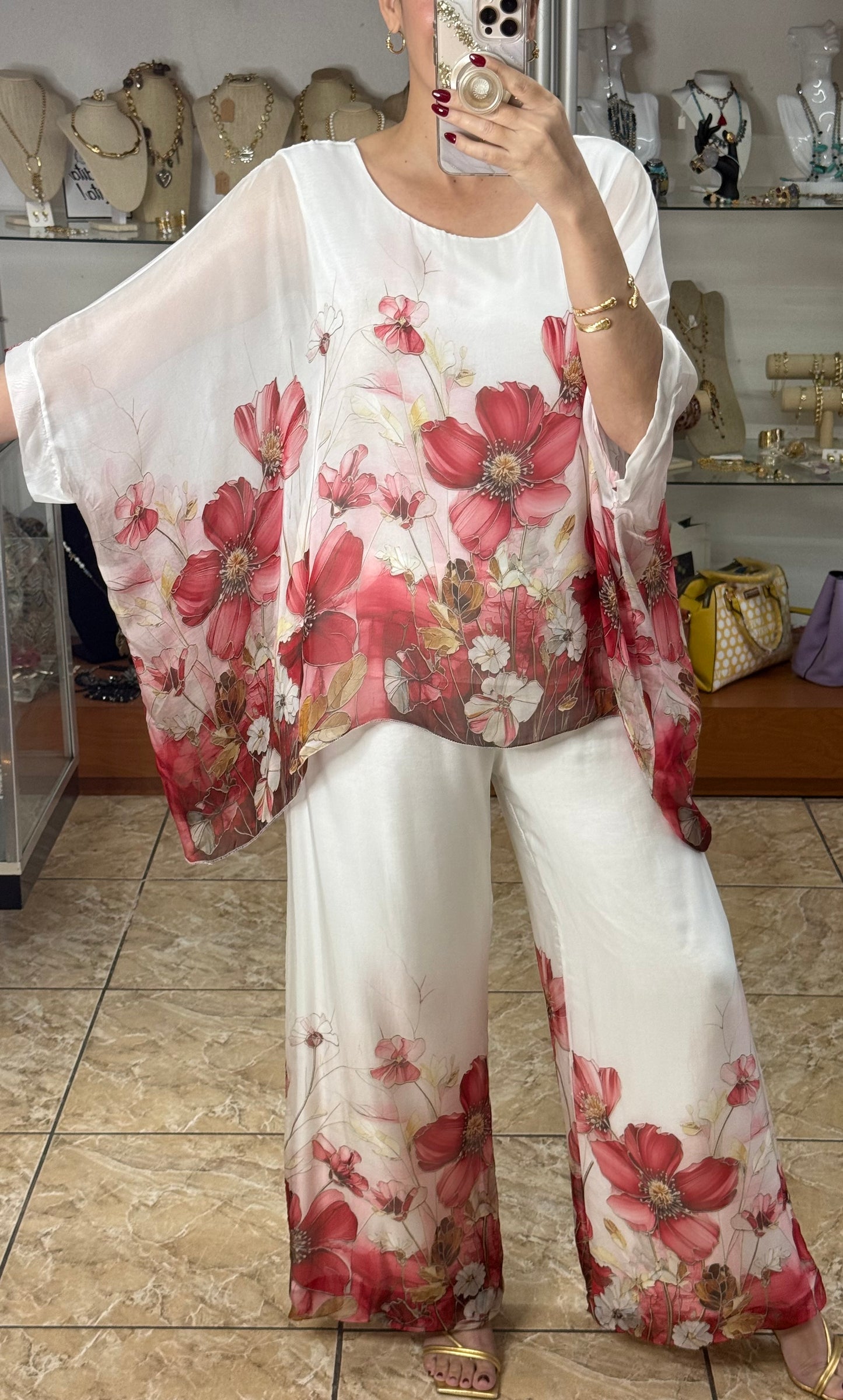 Red Flowers OS Silk Pant Set (FINAL SALE)