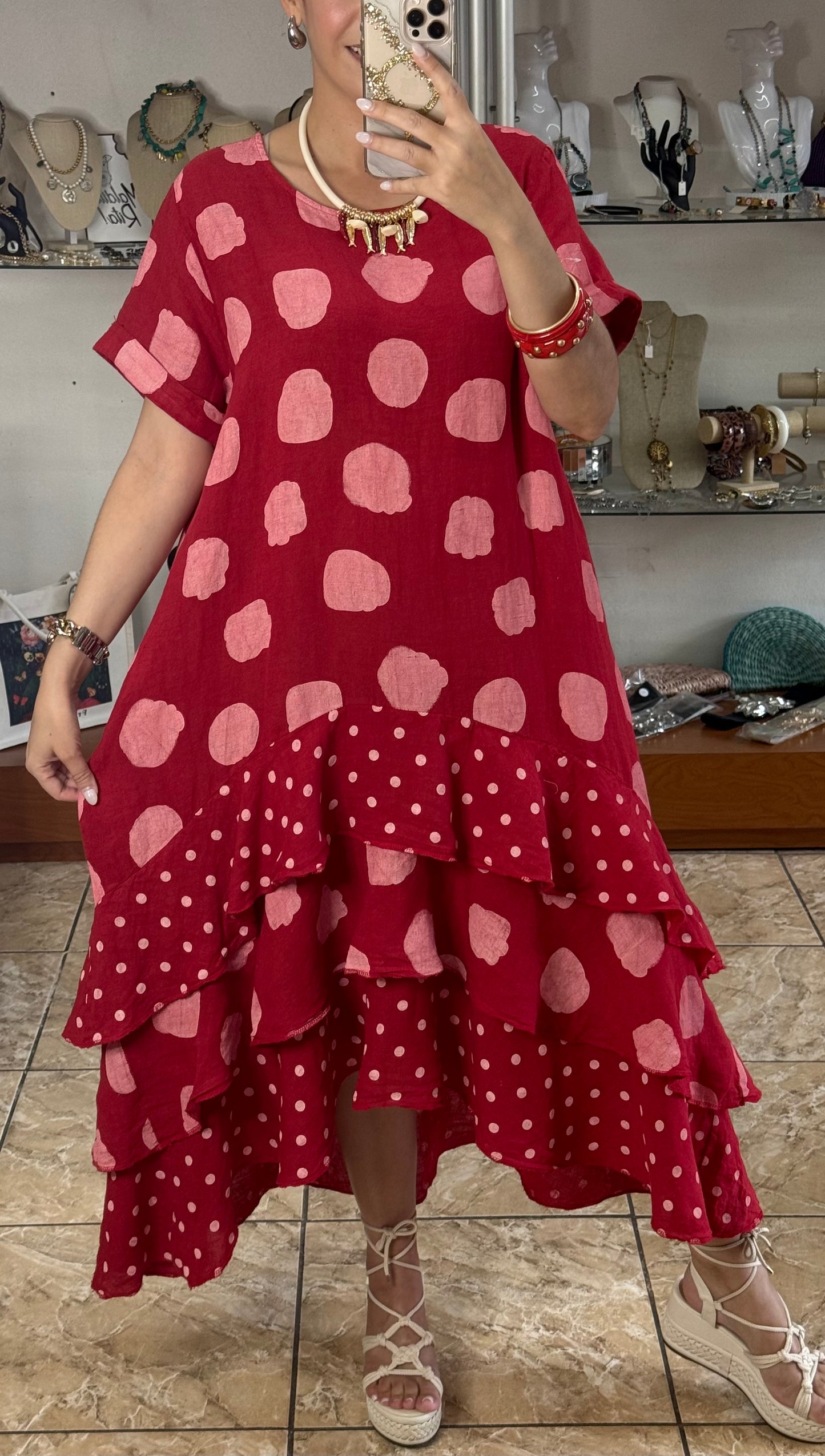 Polka OS Ruffle Tiered Linen Midi Dress (NO RETURNS OR EXCHANGE)