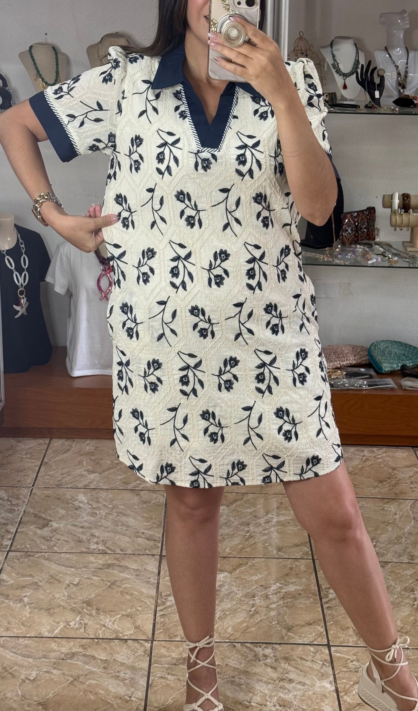 Cream/Navy Embroidered Dress (Reg & Plus)