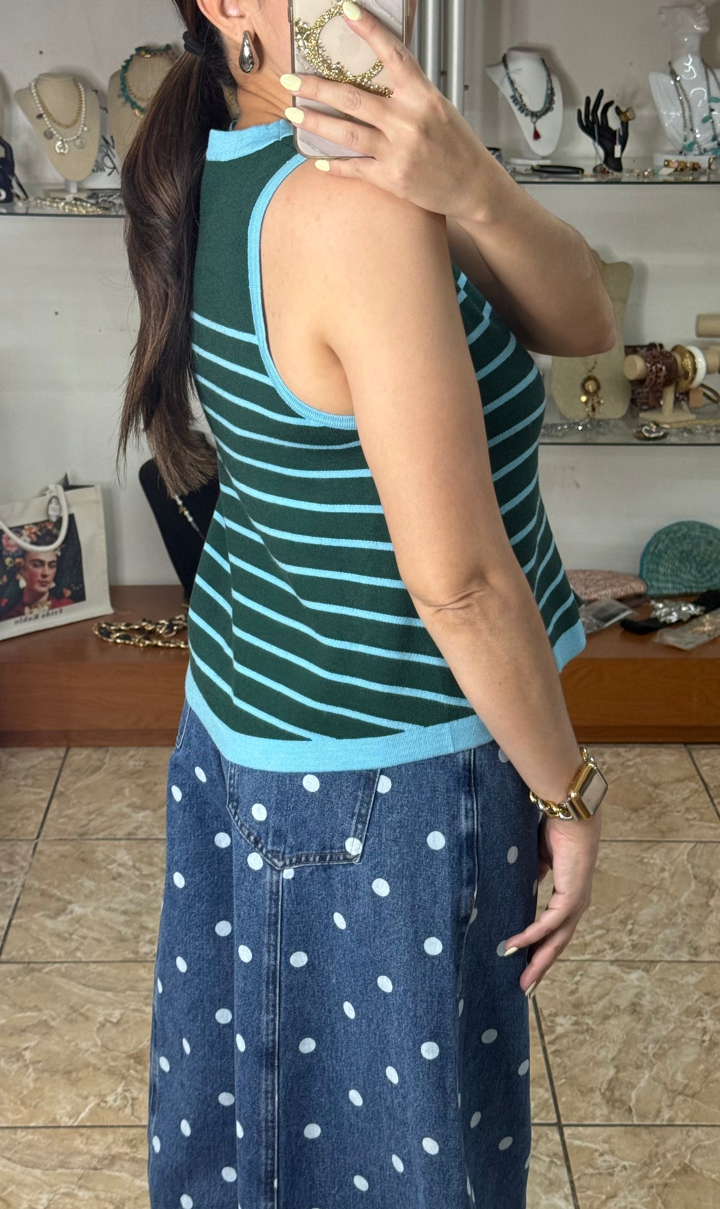 Hunter Green Sleeveless Stripes Sweater Top