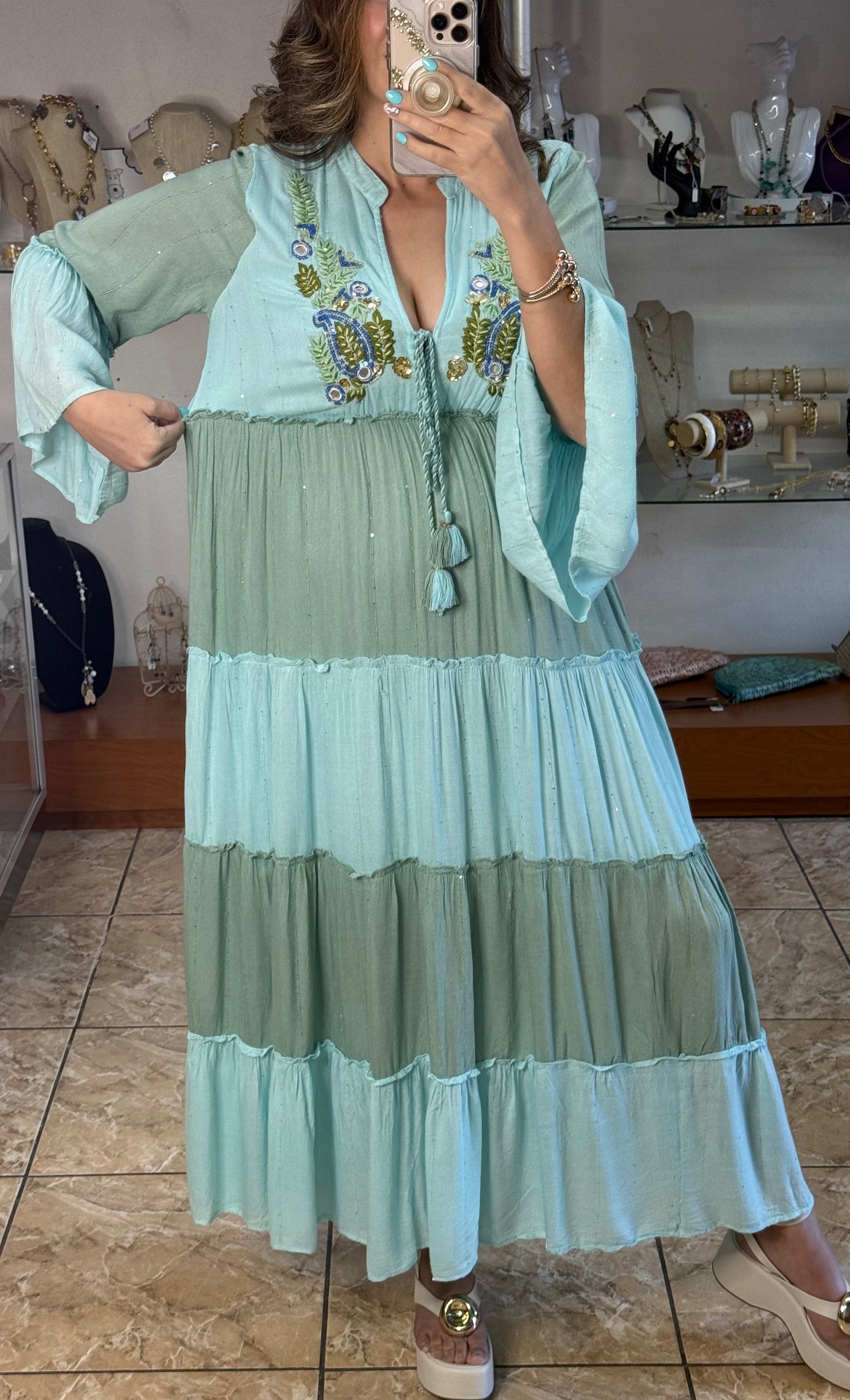 Boho Sage/Turquoise Embroidered OS Maxi Dress (NO RETURNS OR EXCHANGE)