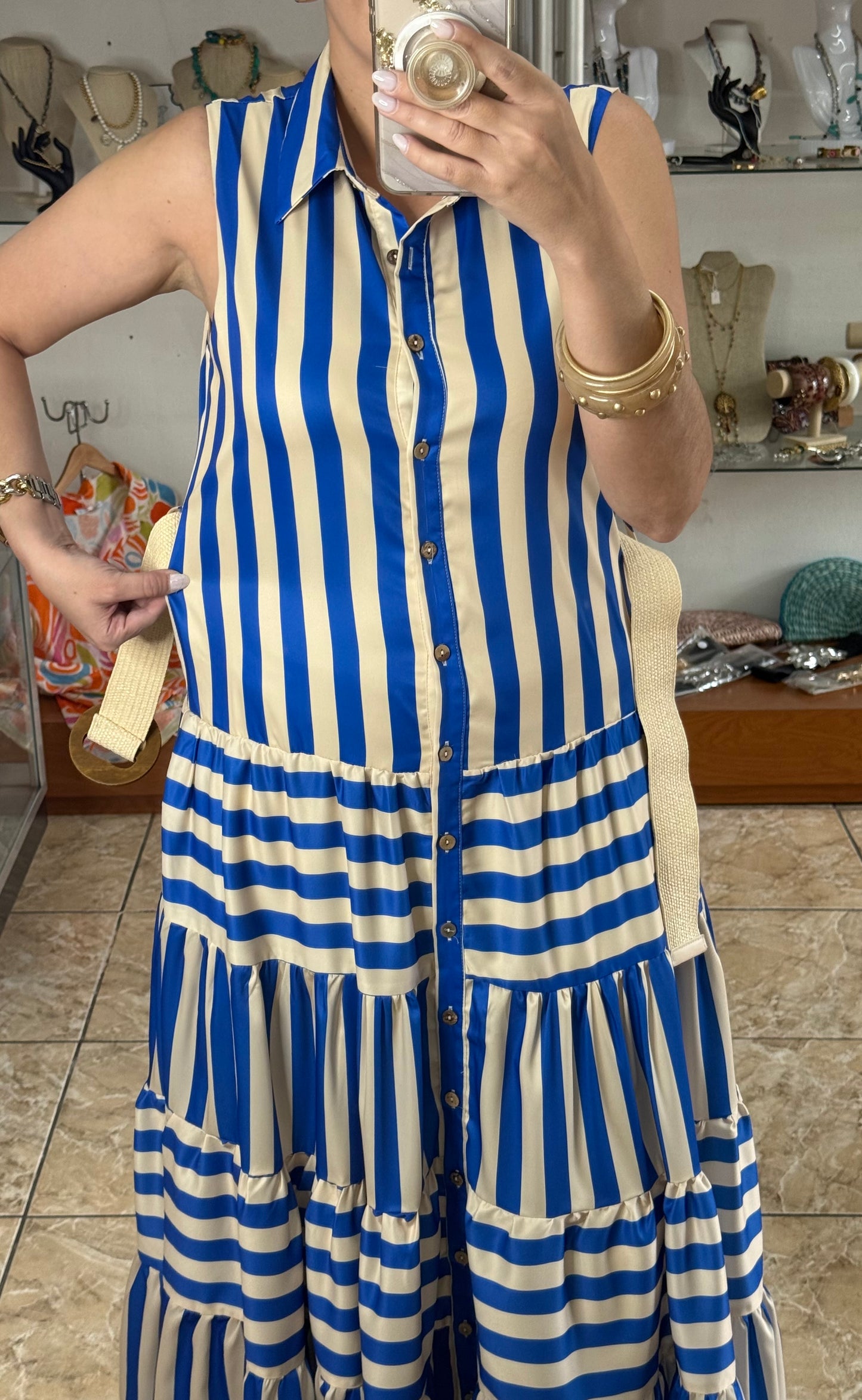 Blue Stripes Belted Maxi Dress