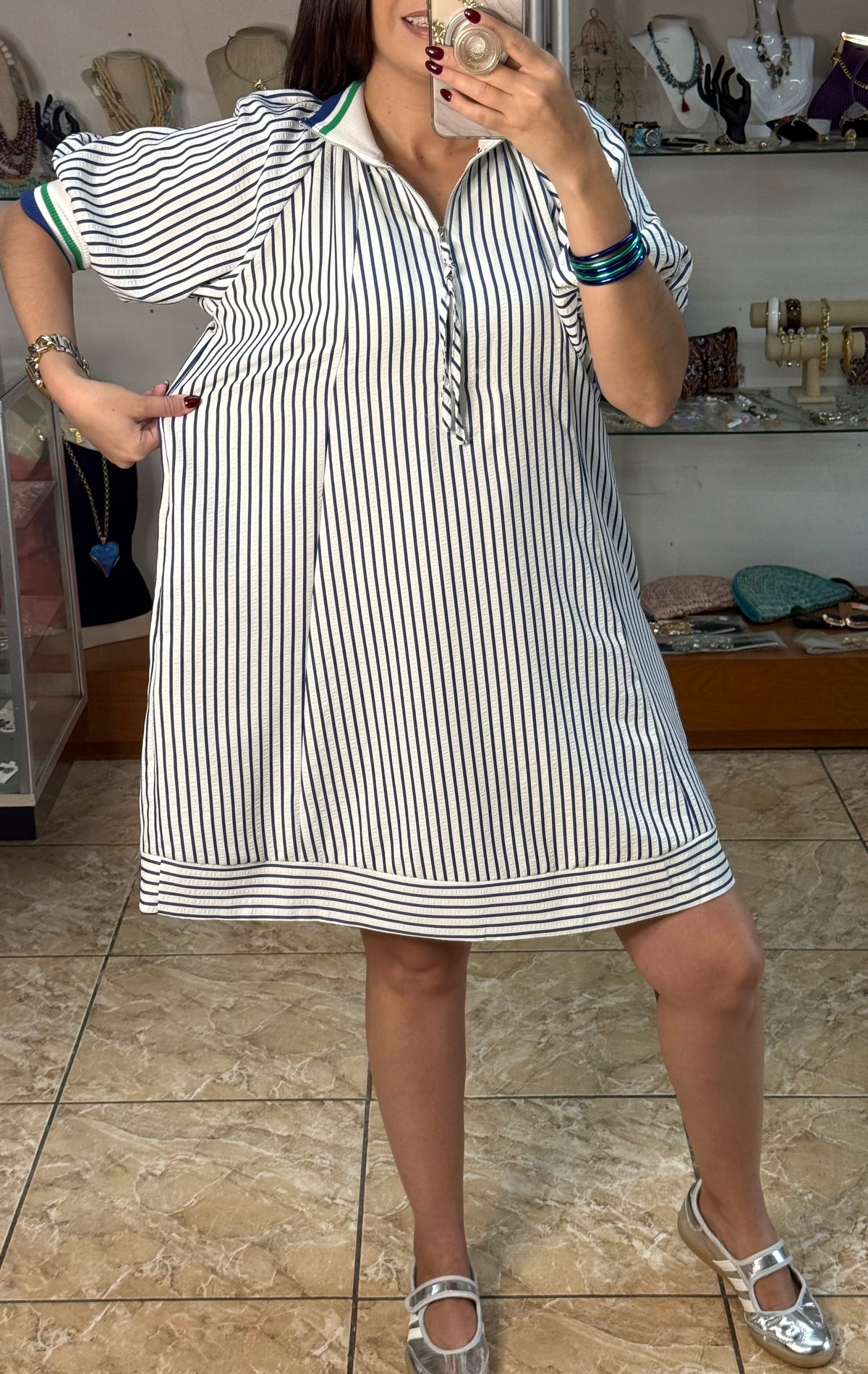 Collared Half-Zip Striped Tunic Dress