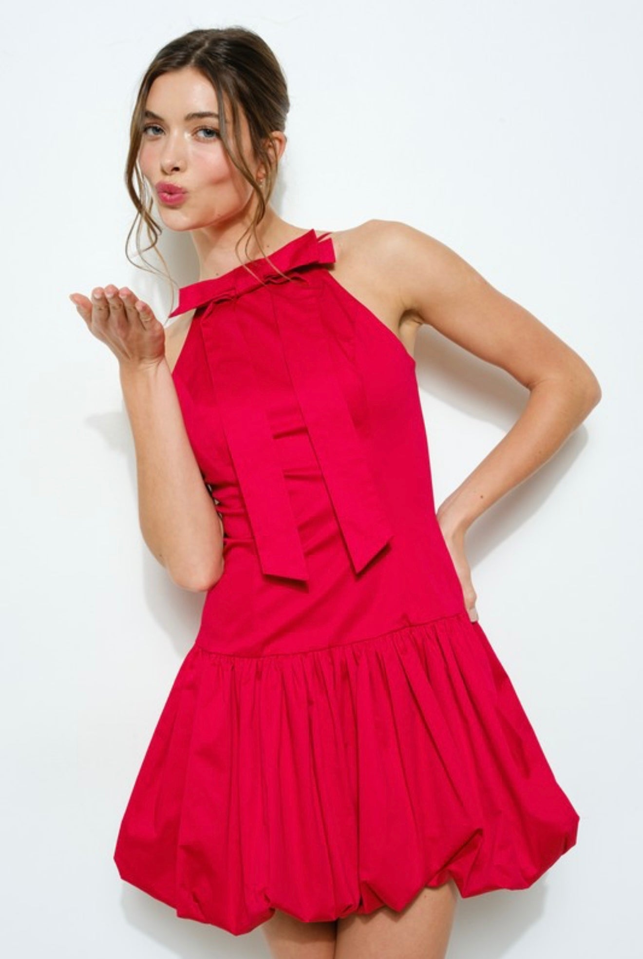 Bow Neck Bubble Hem Mini Dress