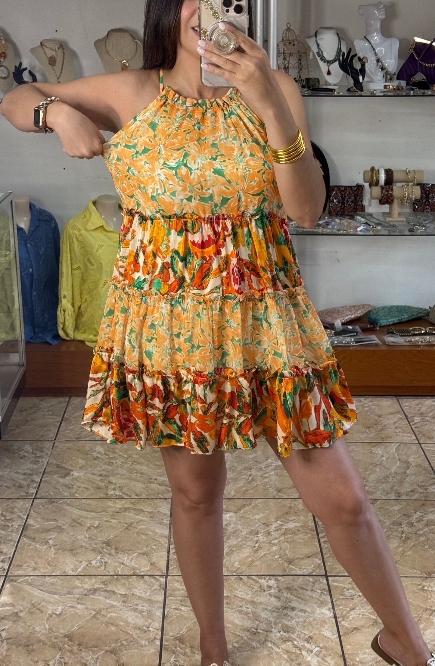 Orange Halter Floral Mini Dress