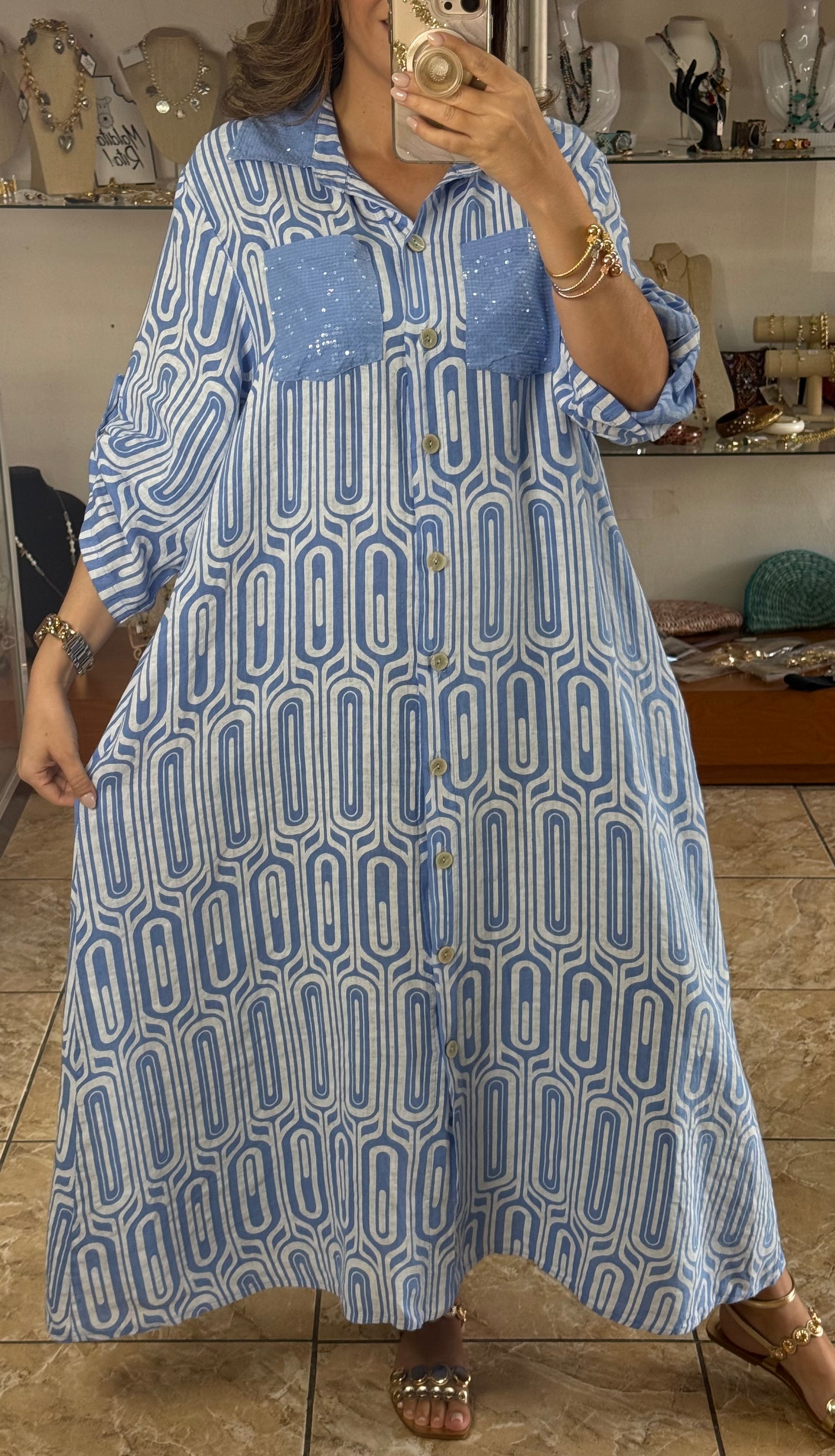 OS Geometric Linen Maxi Dress (NO RETURNS OR EXCHANGE)