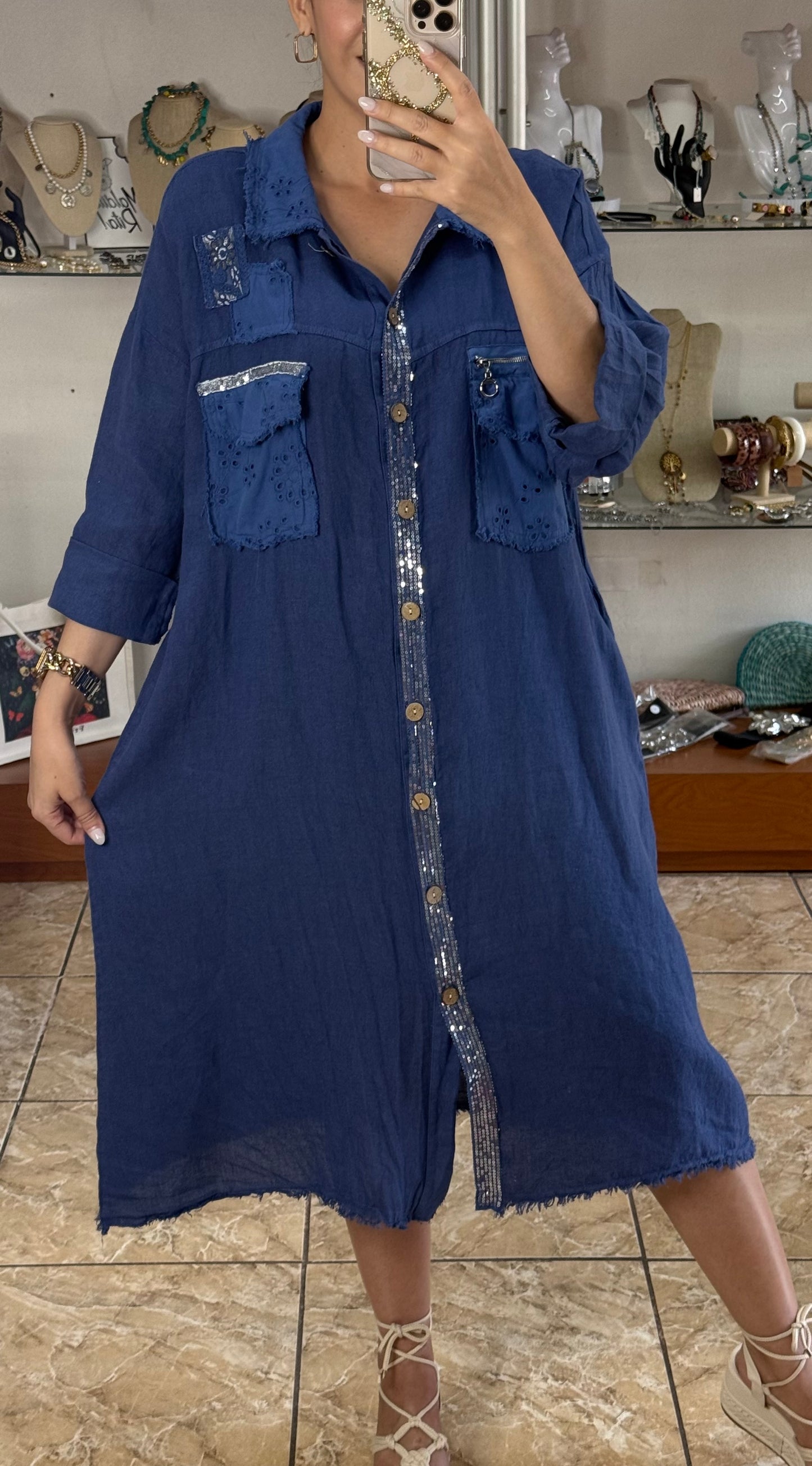 Long Sleeves OS Linen Midi Dress (NO RETURNS OR EXCHANGE)