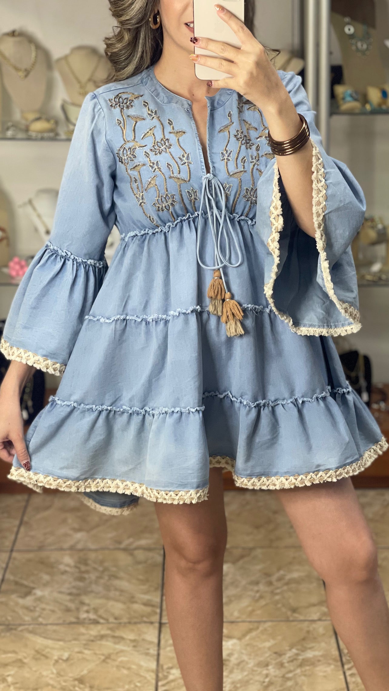 Low/High Embroidered Denim Mini Dress