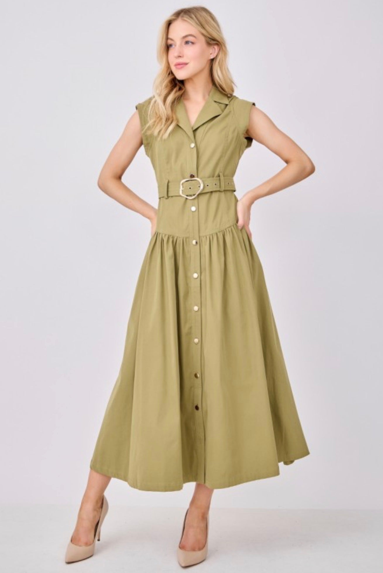 Olive Cap Sleeve Button Down Dress