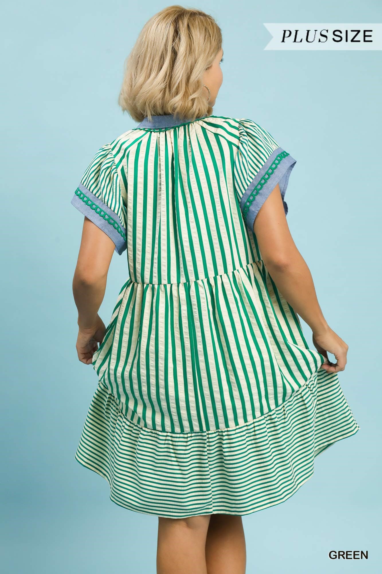 Green Stripes Flutter Sleeve Mini Dress (PLUS)