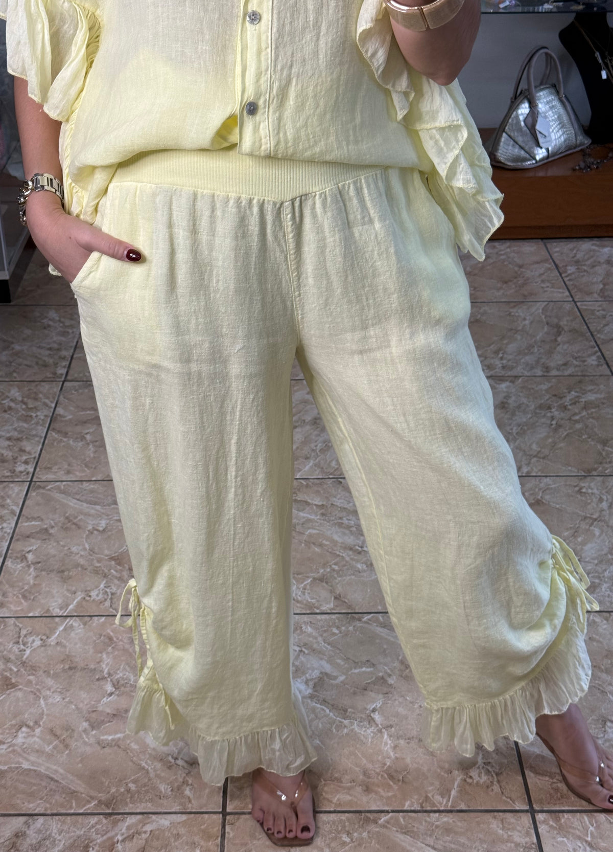 OS Linen Ruffle Top & Pant Set (NO RETURNS OR EXCHANGE)