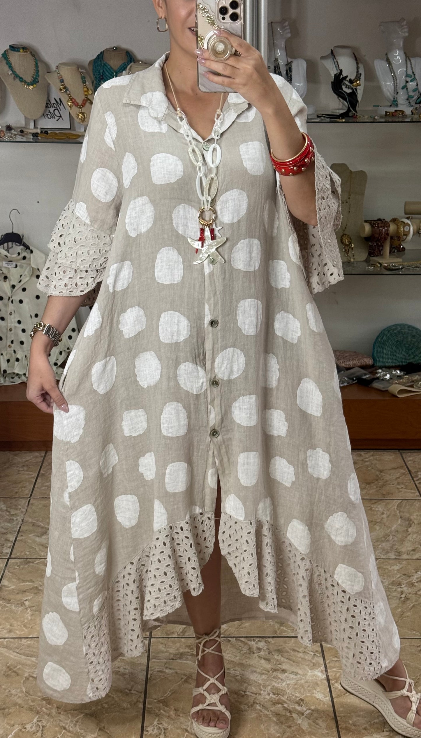 Polkadots/Eyelet OS Linen Maxi Dress (NO RETURNS OR EXCHANGE)