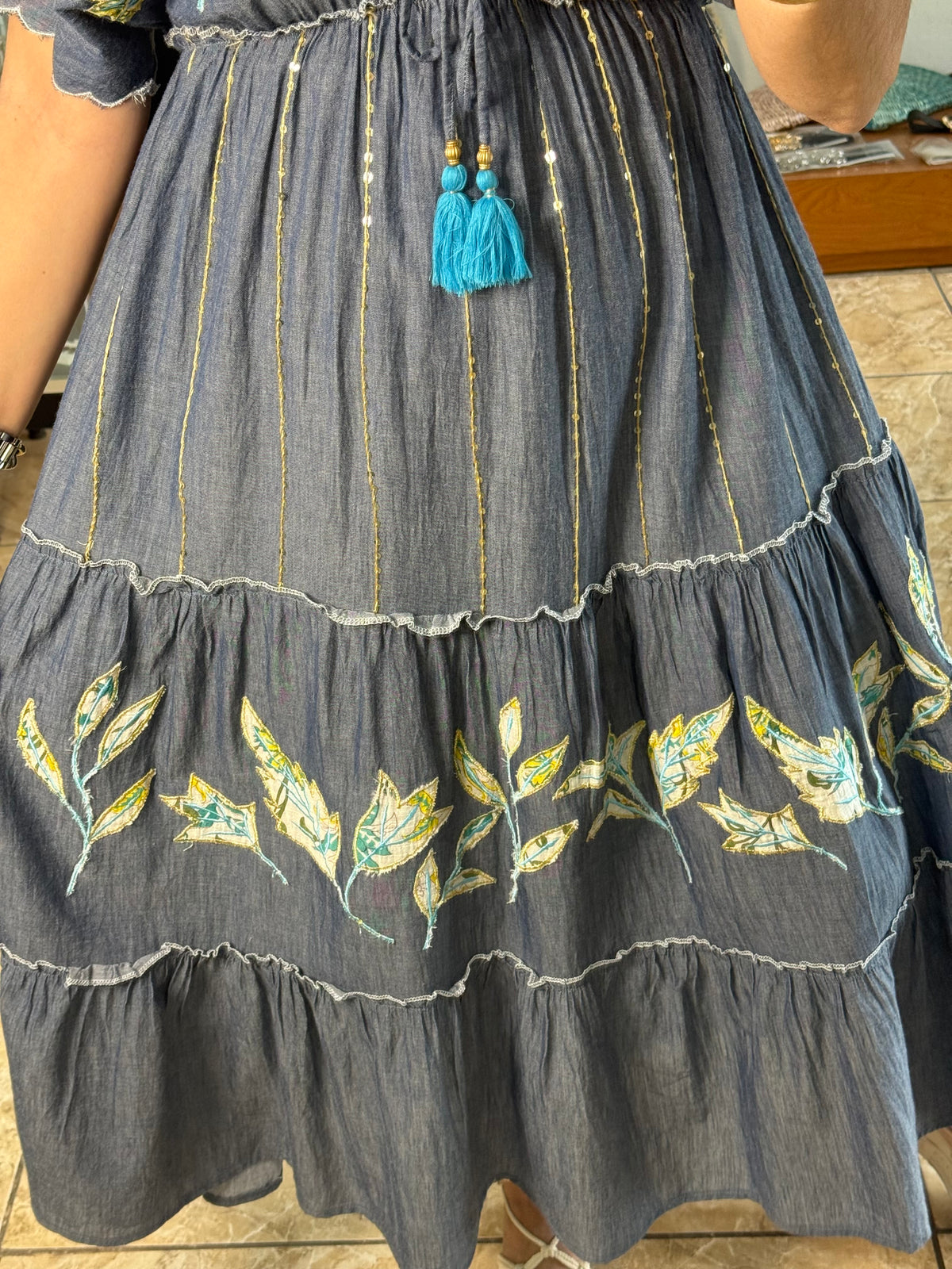 Embroidered Chambray Maxi Dress