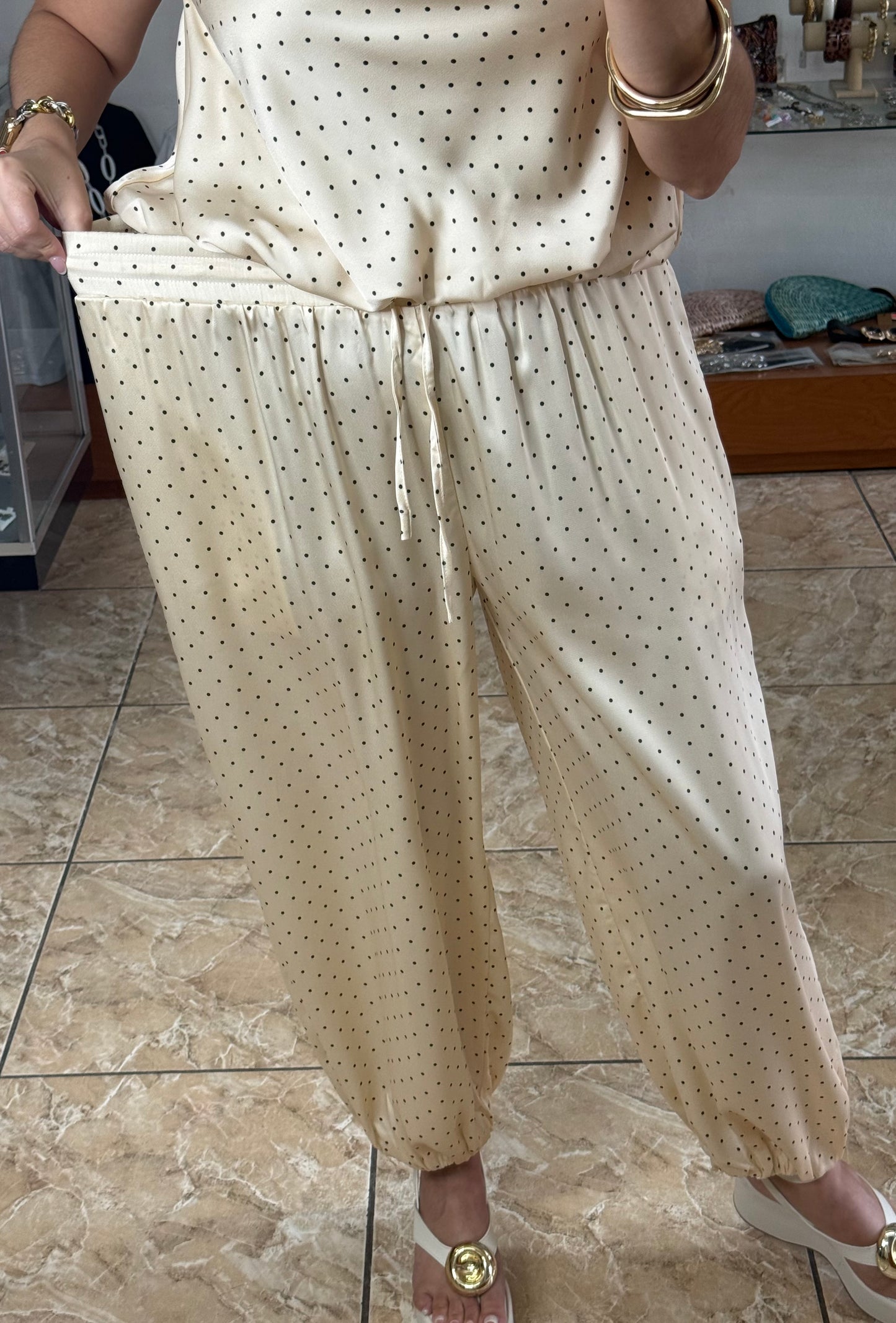 Ecru Polkadot Satin Top & Pant Set