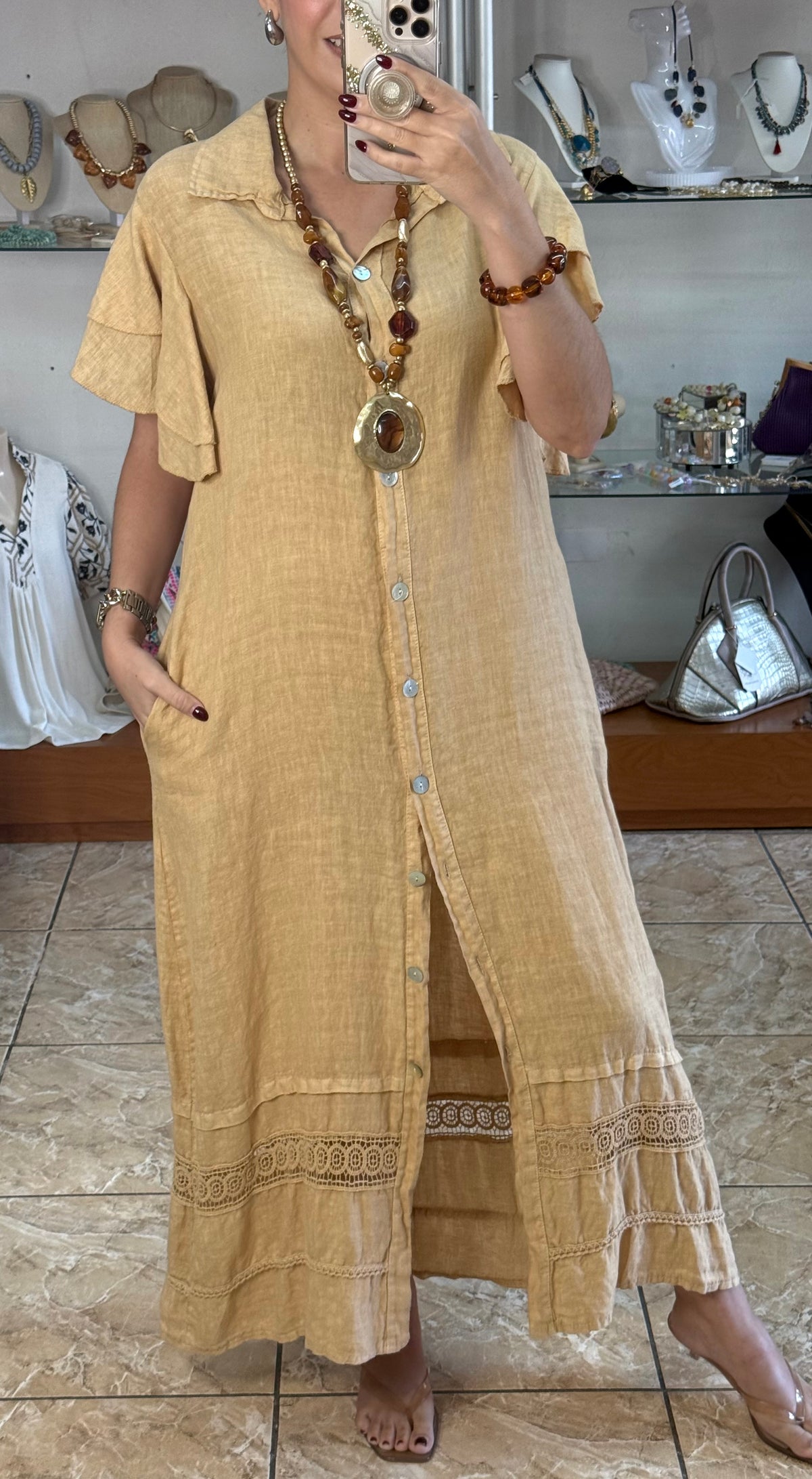 OS Ruffle Sleeves Button Down Linen Dress (NO RETURNS OR EXCHANGE)