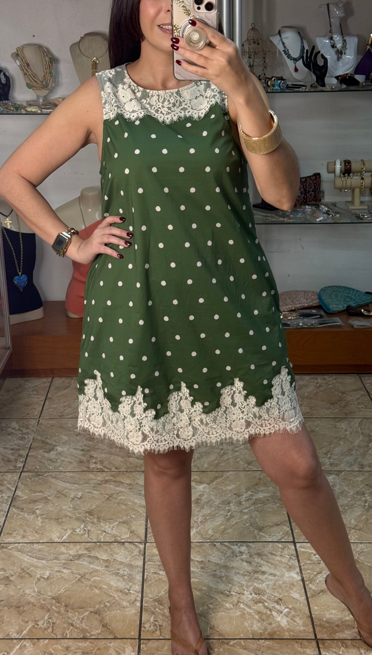 Sleeveless Olive Polkadot with Lace Details Dress