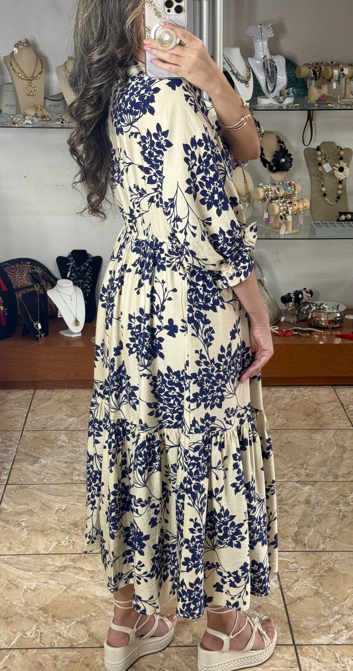Cream/Navy Floral Maxi Dress