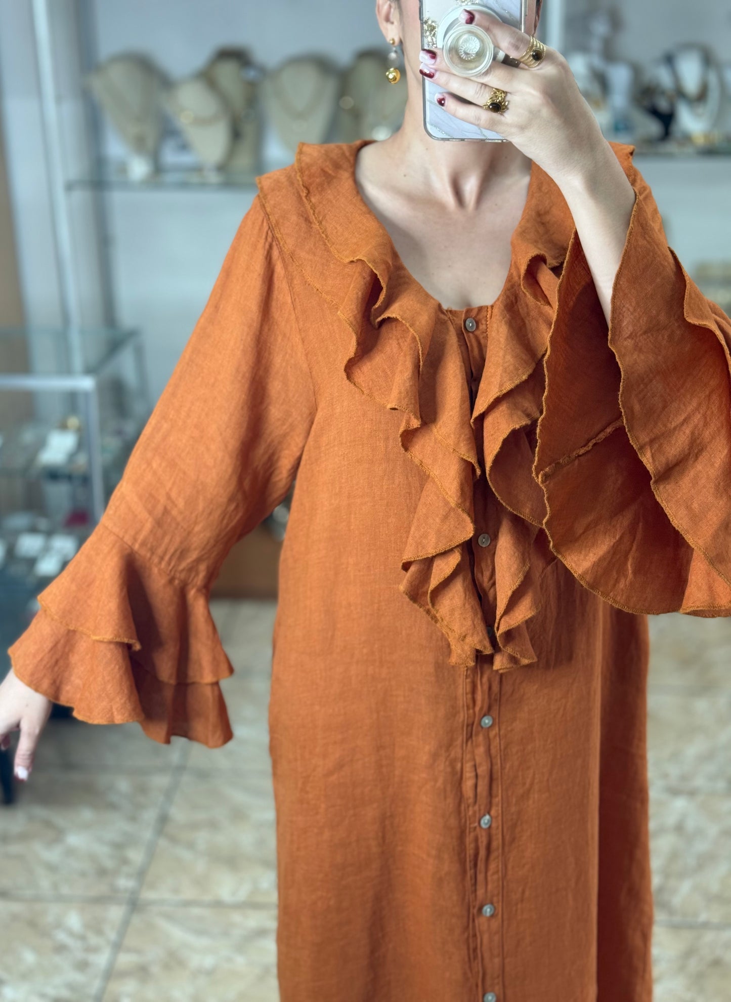 Ruffle Details OS Linen Maxi Dress (FINAL SALE)
