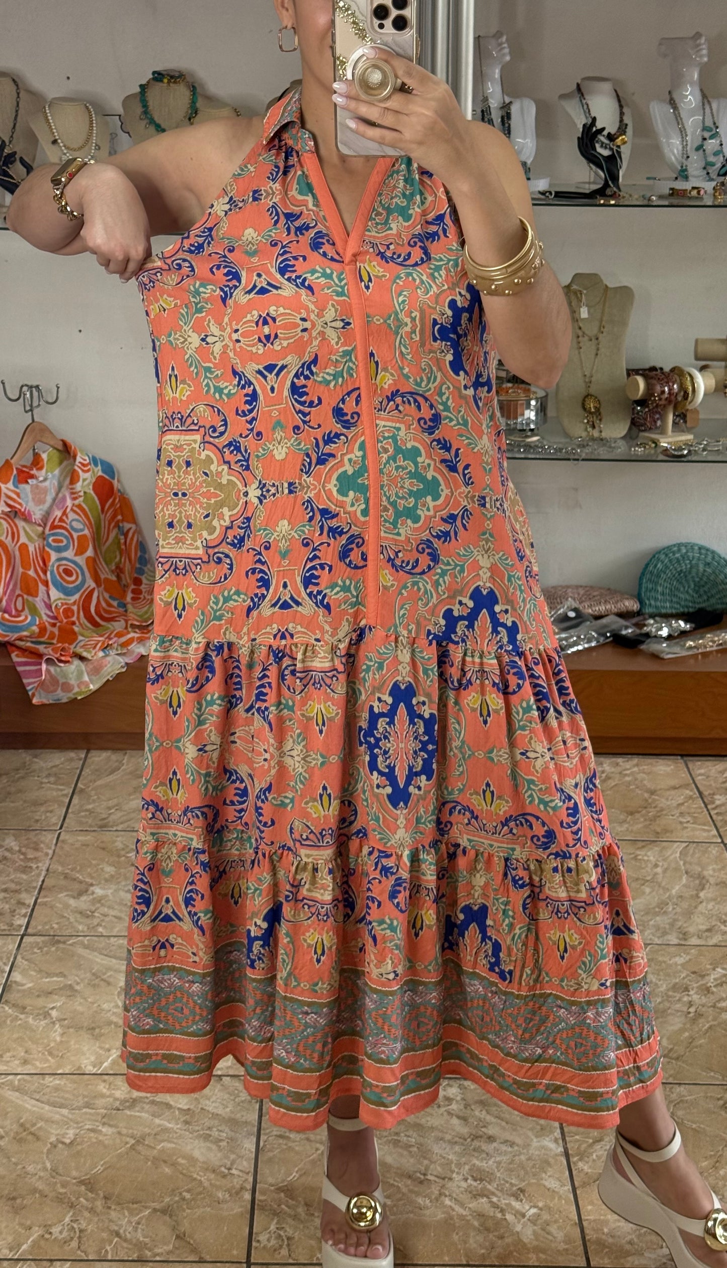 Coral Mix Halter Maxi Dress