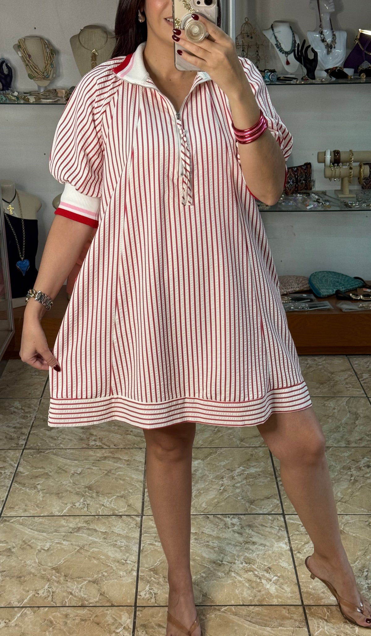 Collared Half-Zip Striped Tunic Dress