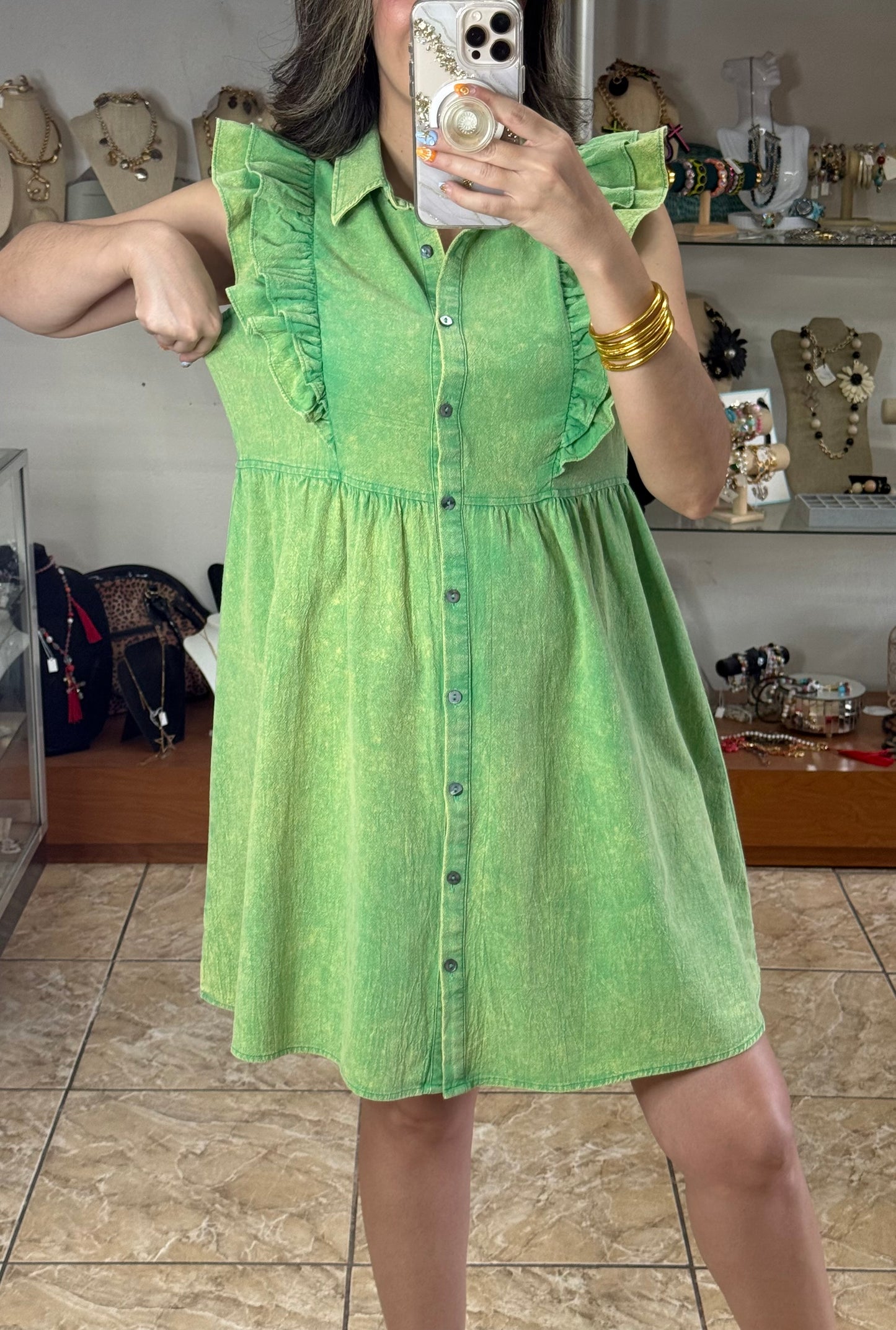 Green Ruffled Button Down Dress