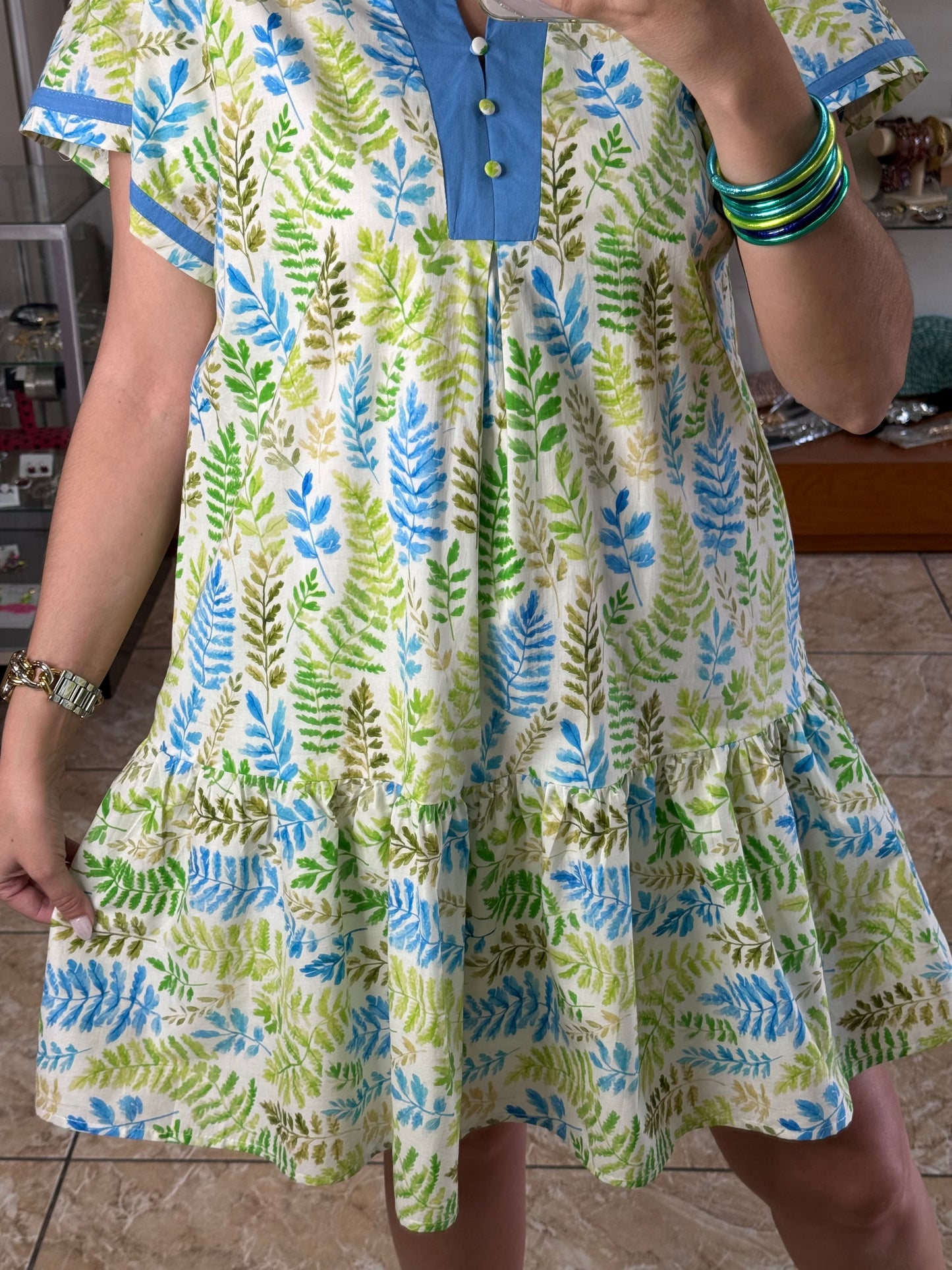 Green Mix Leaves Mini Dress