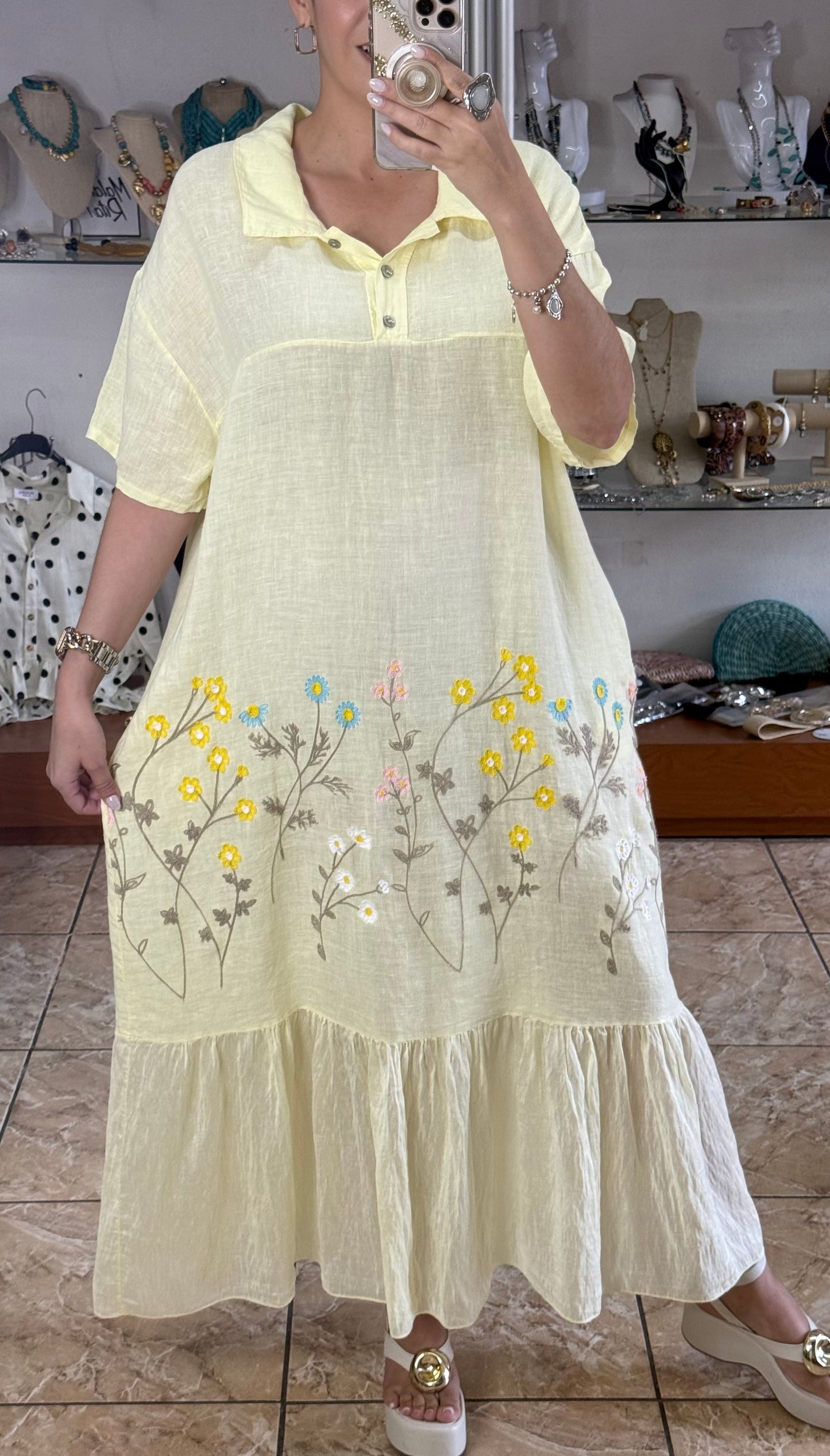 Floral Embroidered OS Linen Dress (NO RETURNS OR EXCHANGE)