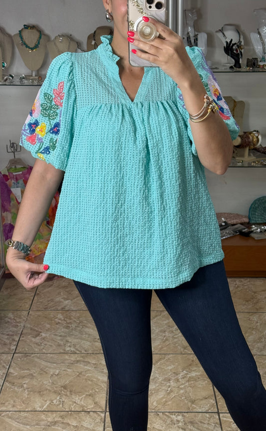 Mint Blue Embroidered Top