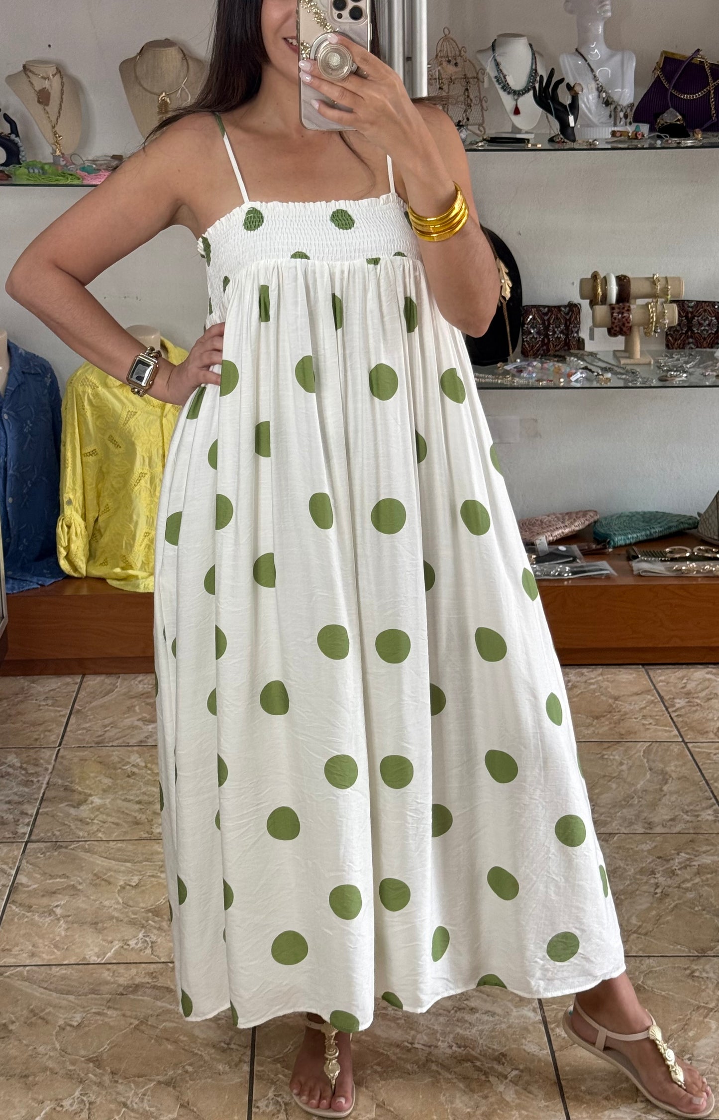 Cream/Green Polkadot Dress