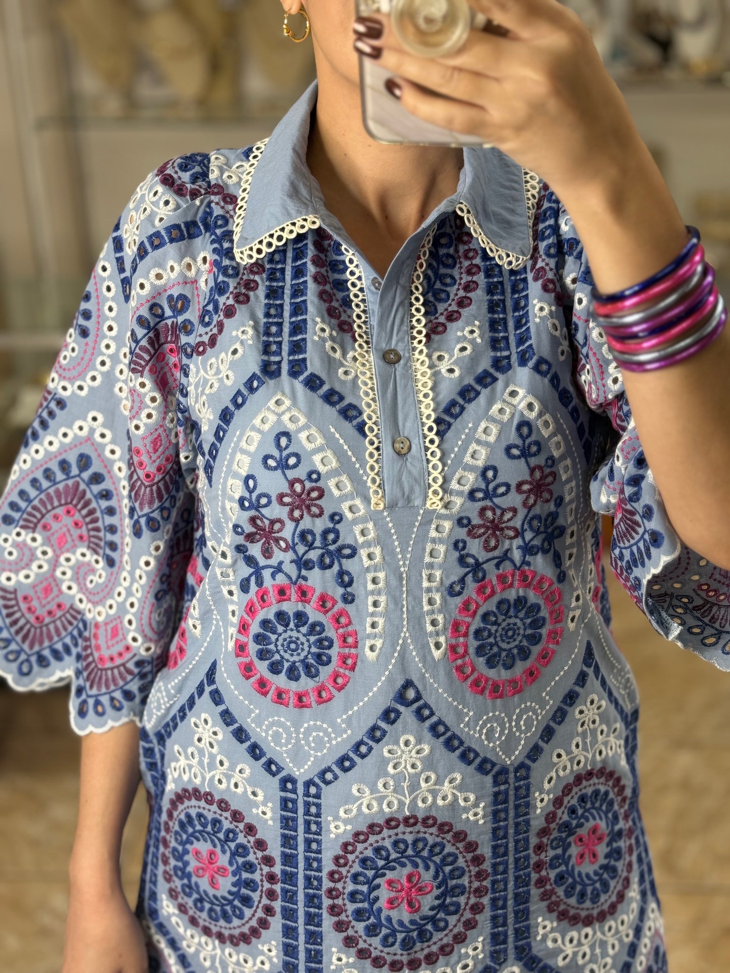 Blue Mix Embroidered Mini Dress