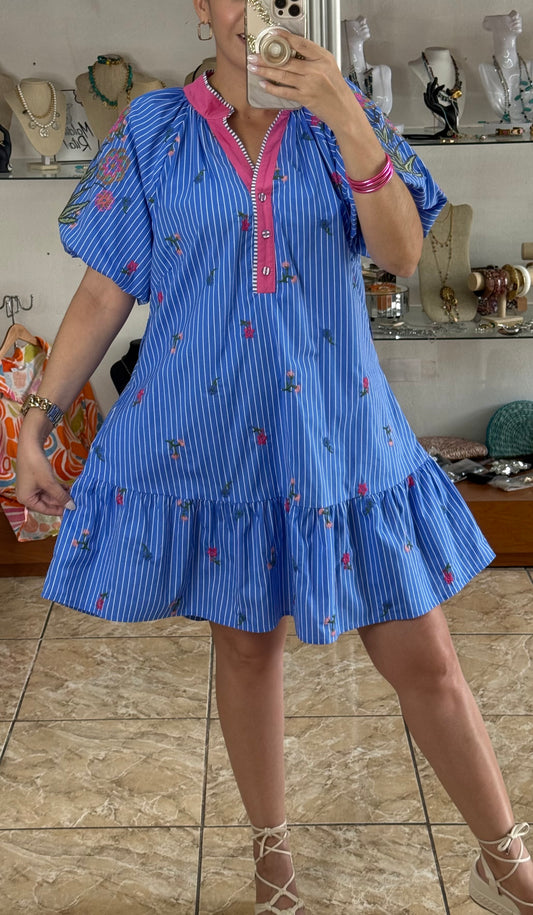 Puff Sleeves Floral Embroidered Mini Dress