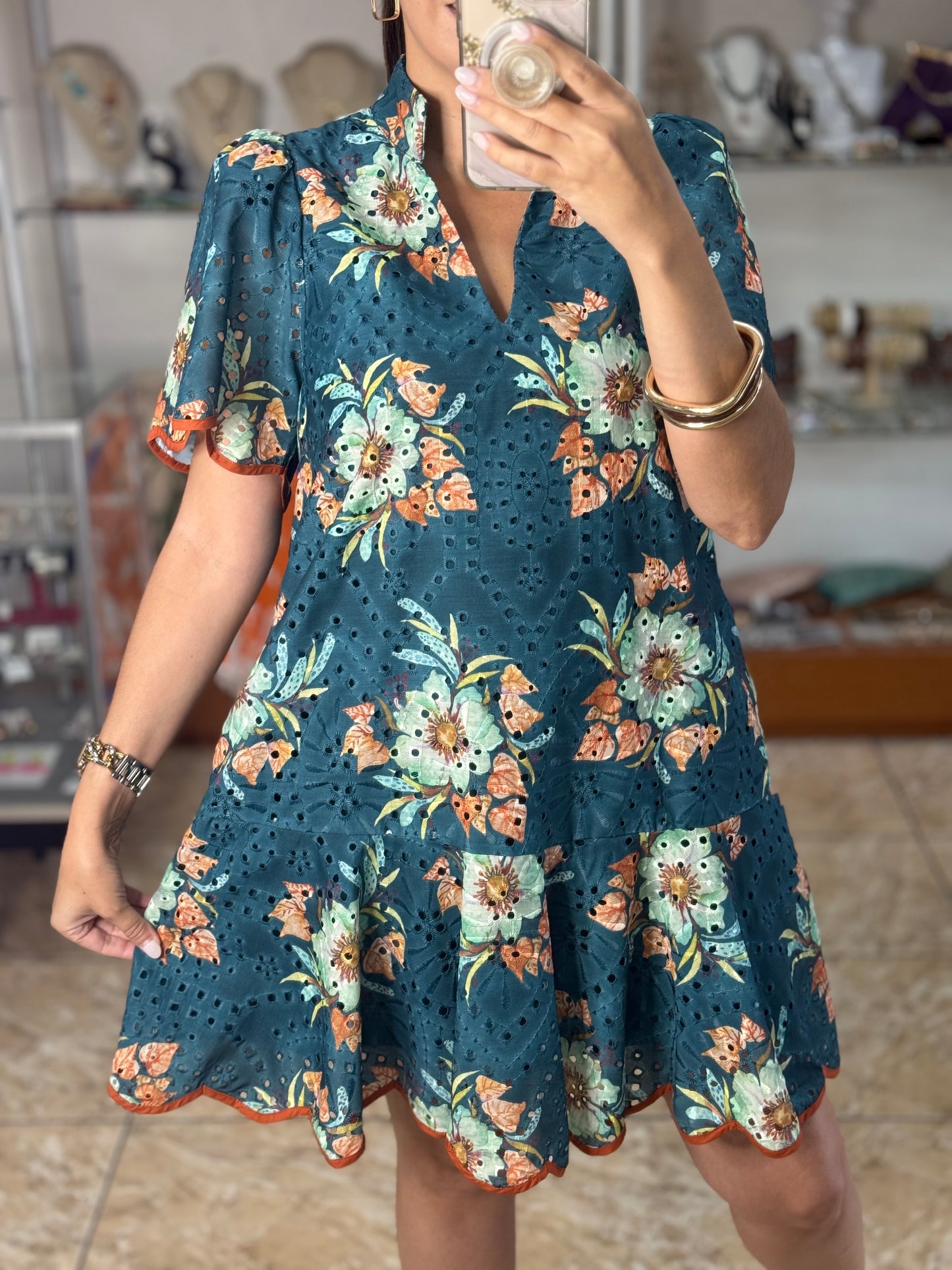 Teal Floral Eyelet Dress