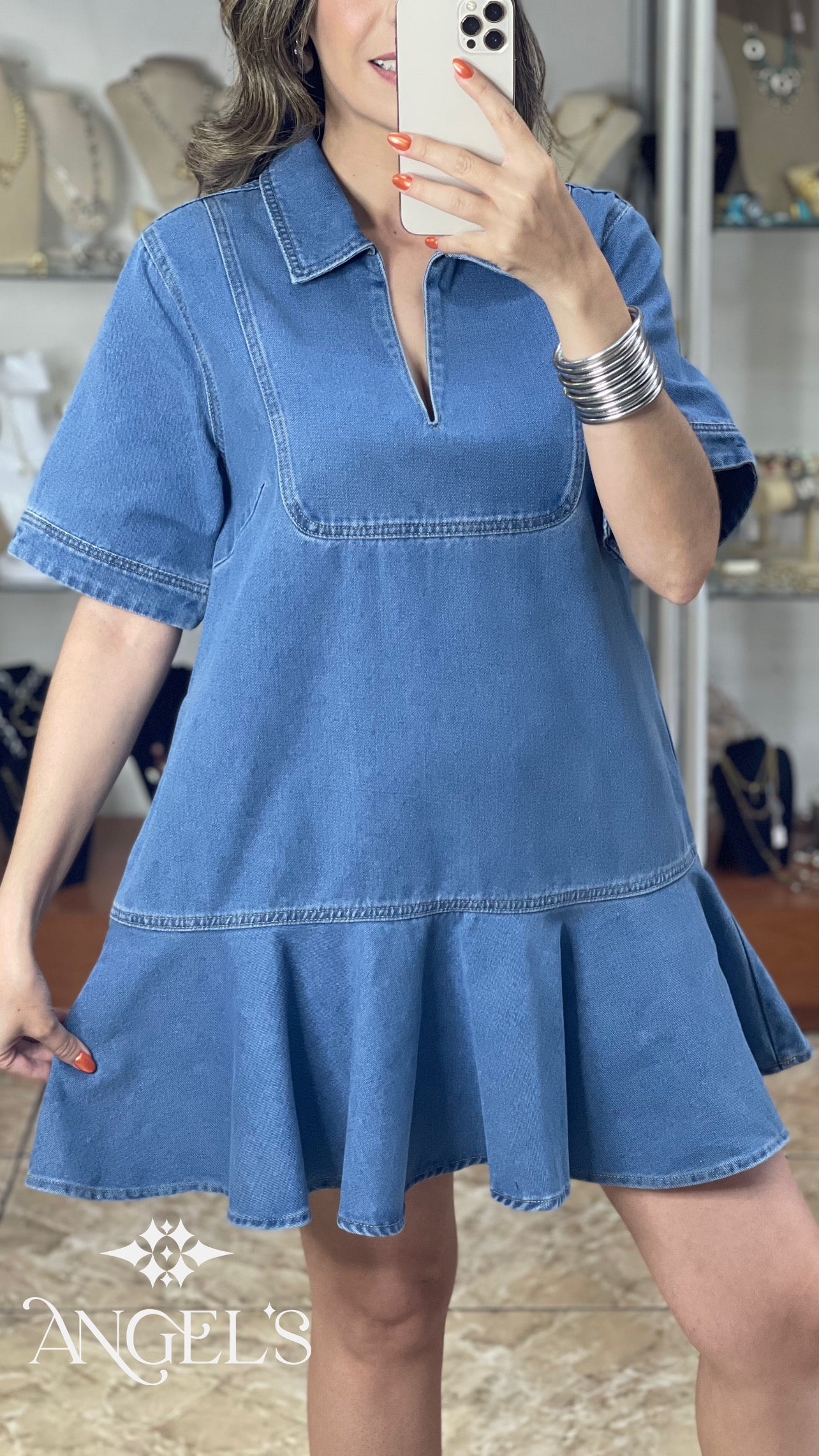 Ruffle Hem Denim Mini Dress