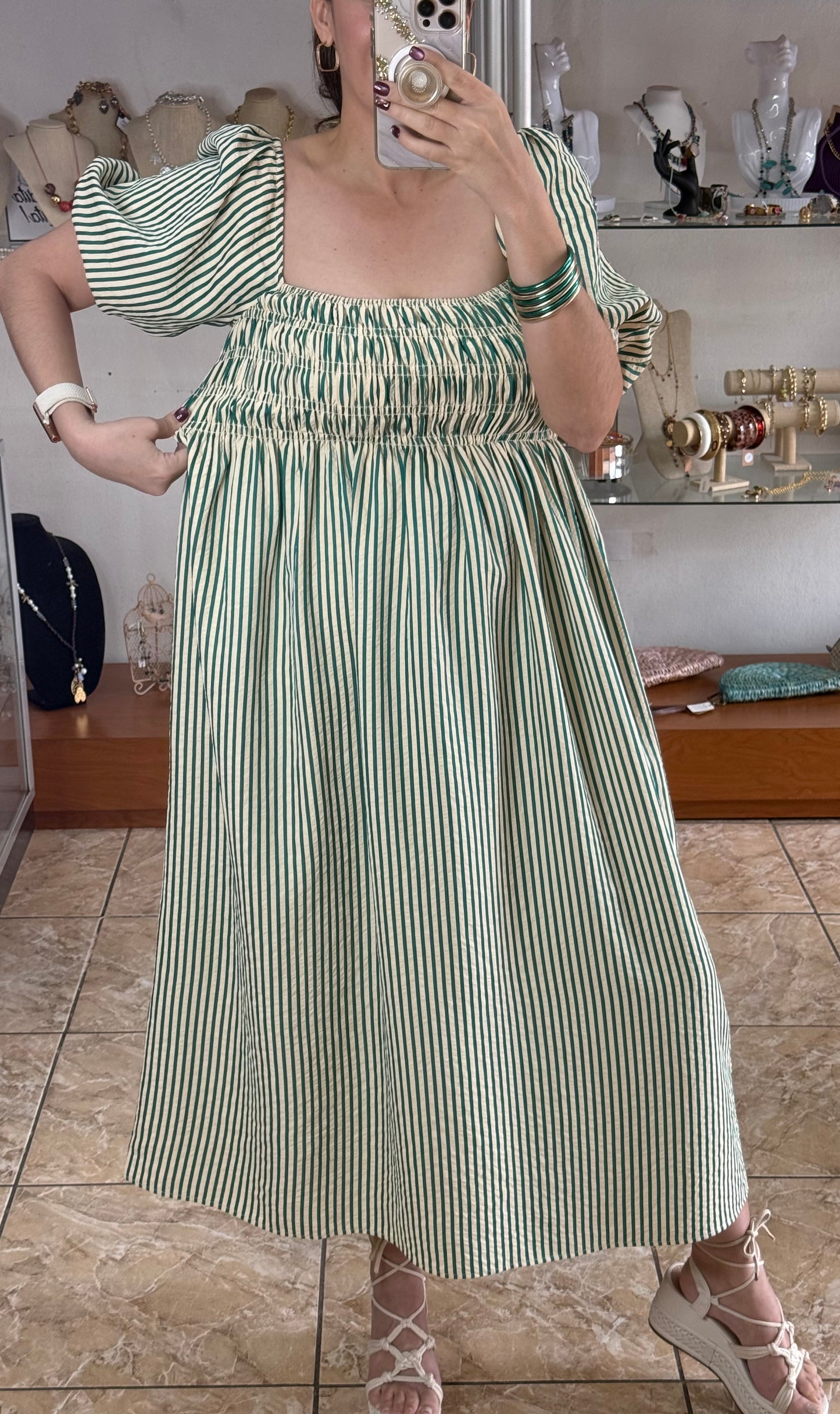Green Stripes Square Neck Midi Dress