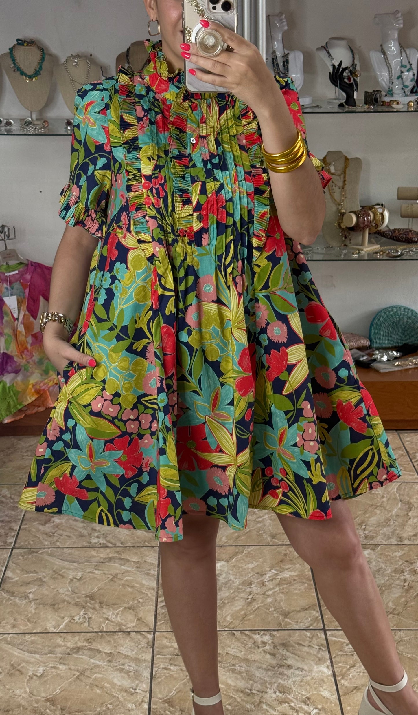 Navy/Green Floral Doll Dress