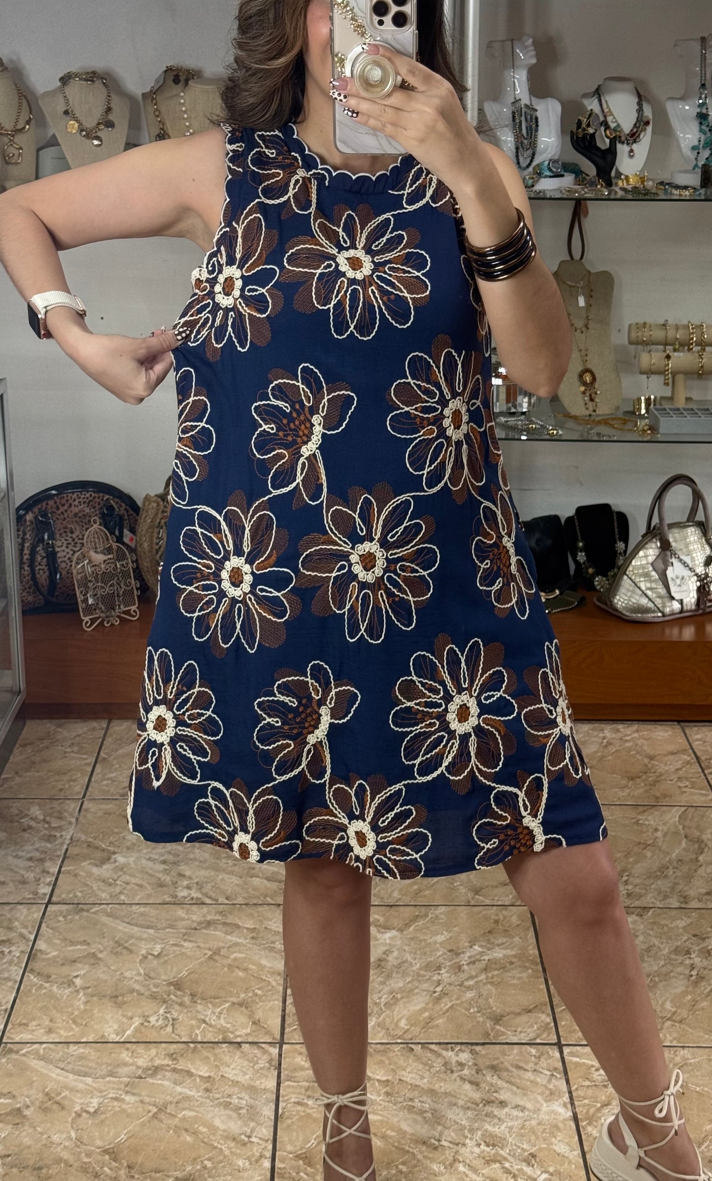 Navy Floral Embroidered Dress