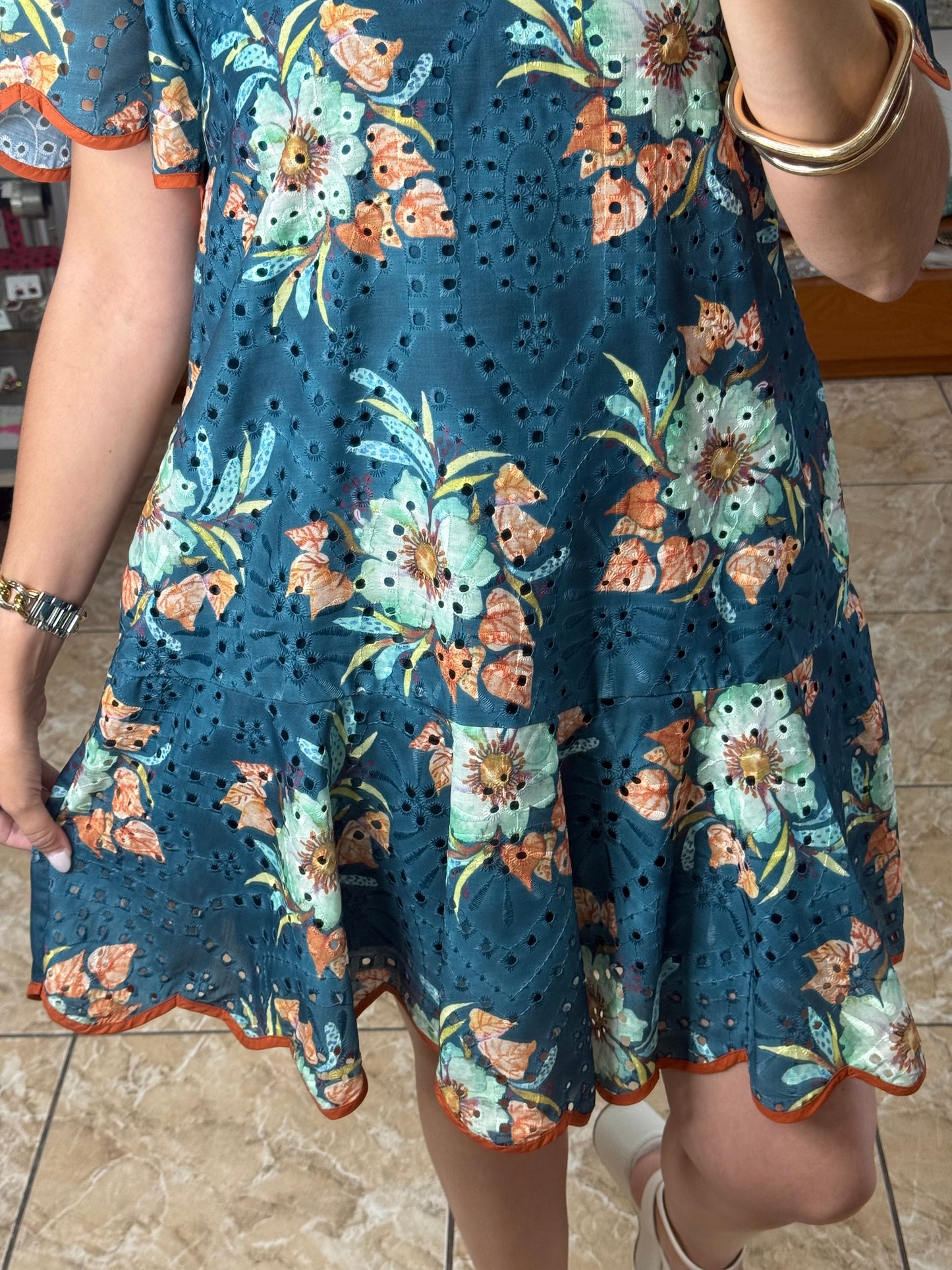 Teal Floral Eyelet Dress