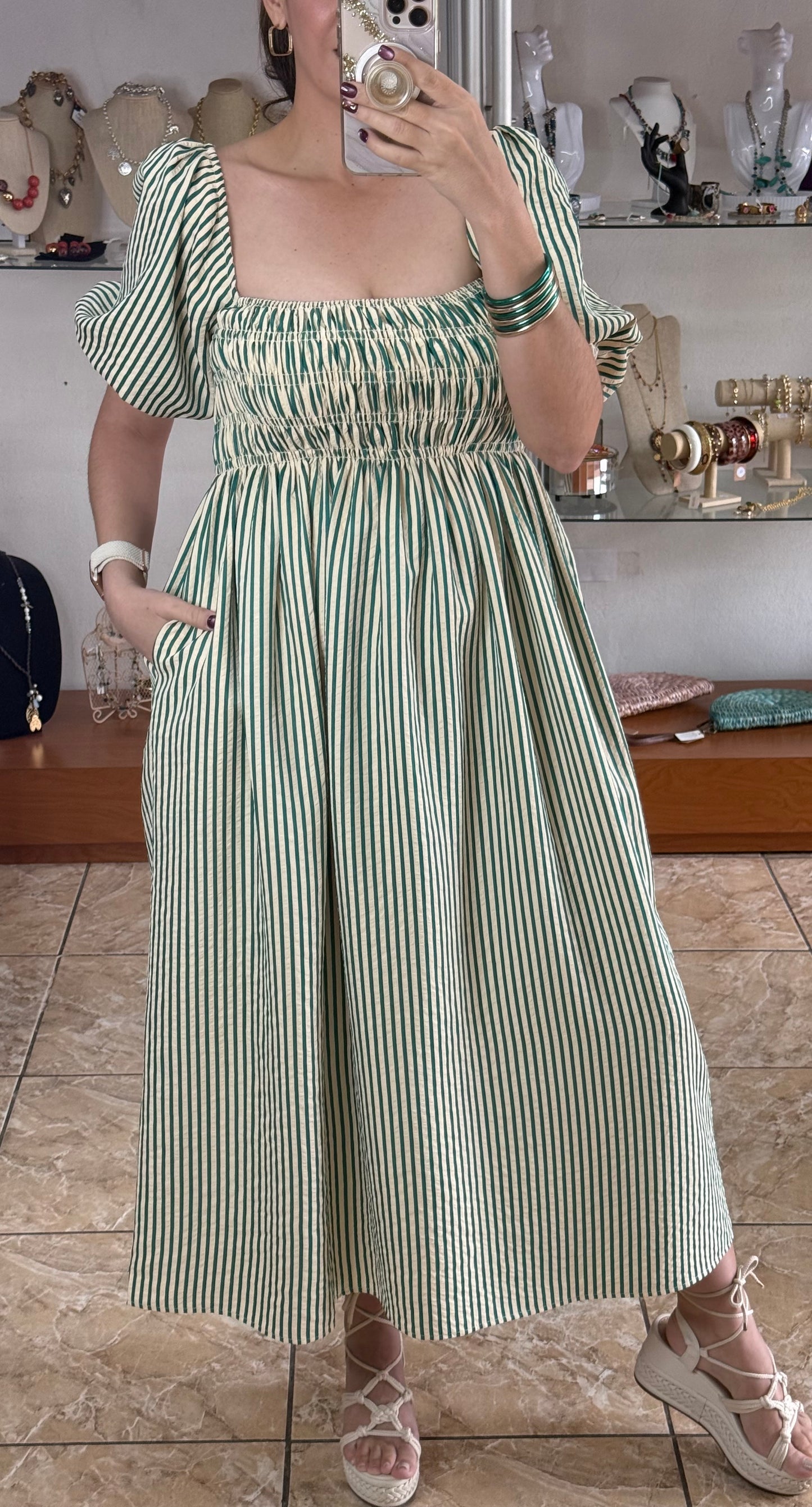 Green Stripes Square Neck Midi Dress