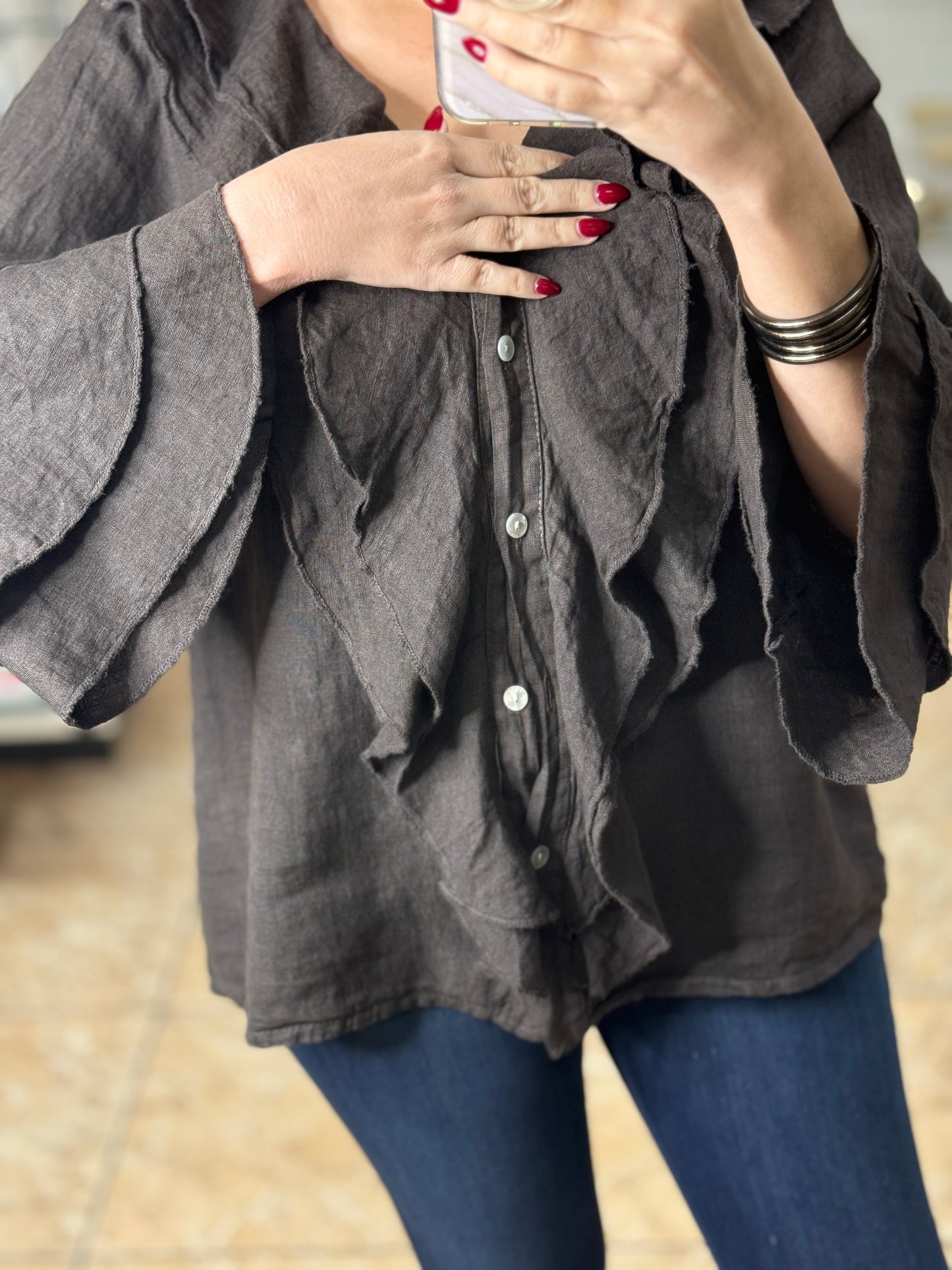 OS Long Sleeve Ruffled Linen Top (FINAL SALE)