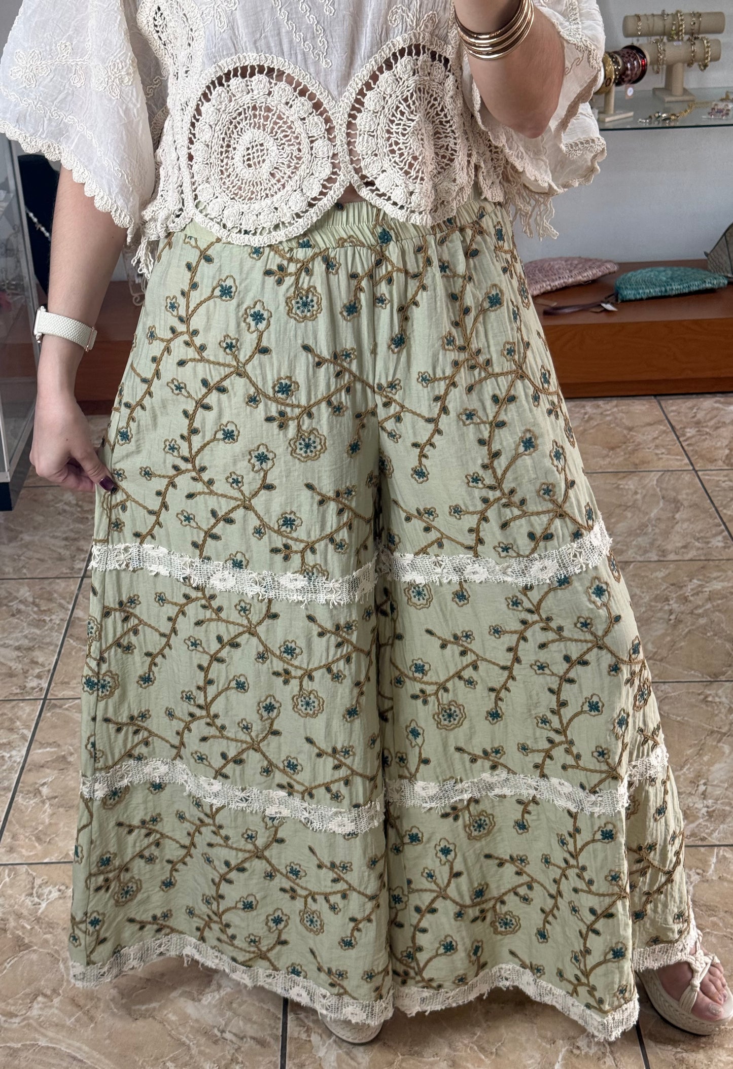 Green Floral Embroidered Pants